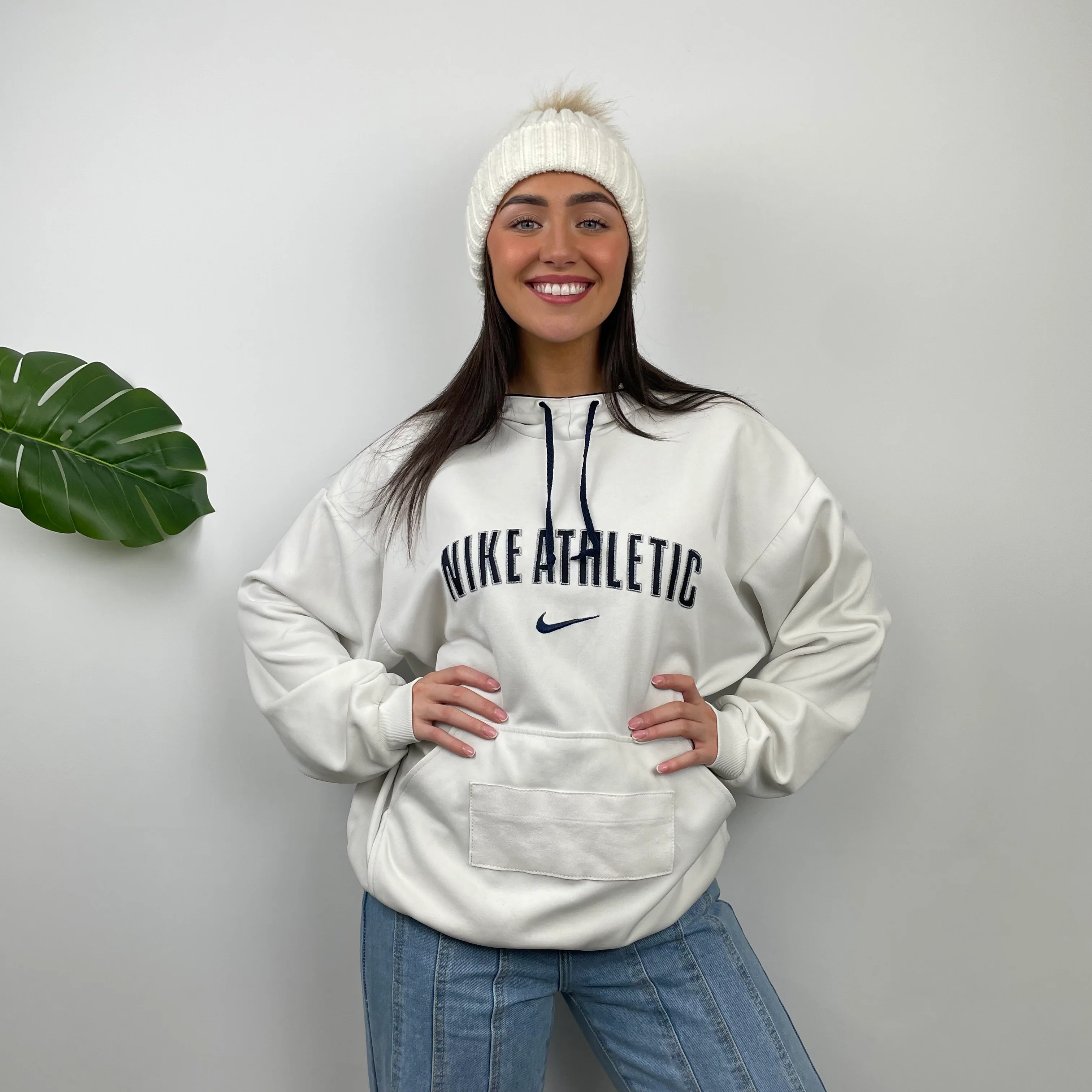Nike Athletic White Embroidered Spell Out Hoodie (L) - Image 2