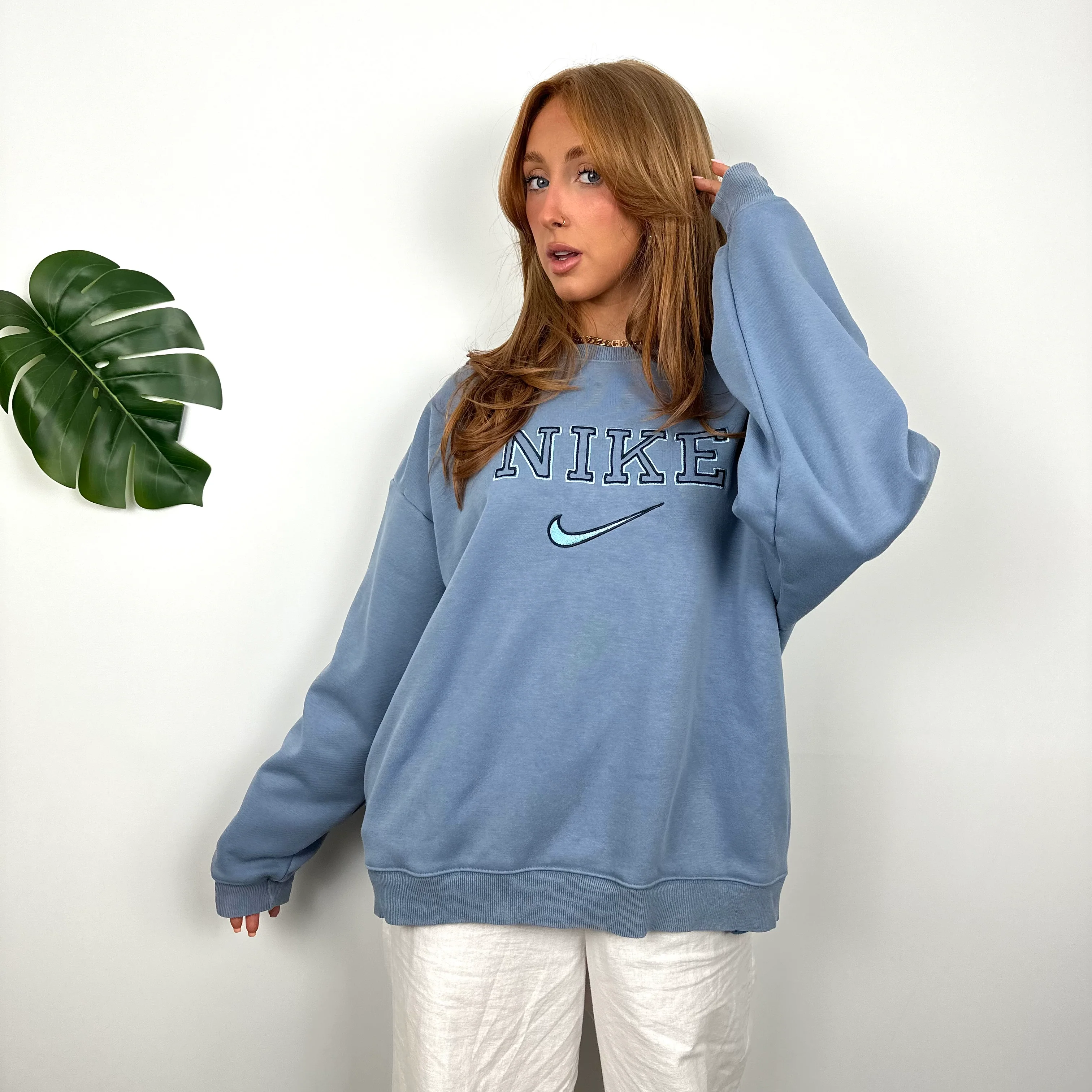 Nike Baby Blue Embroidered Spell Out Sweatshirt (M) - Image 4