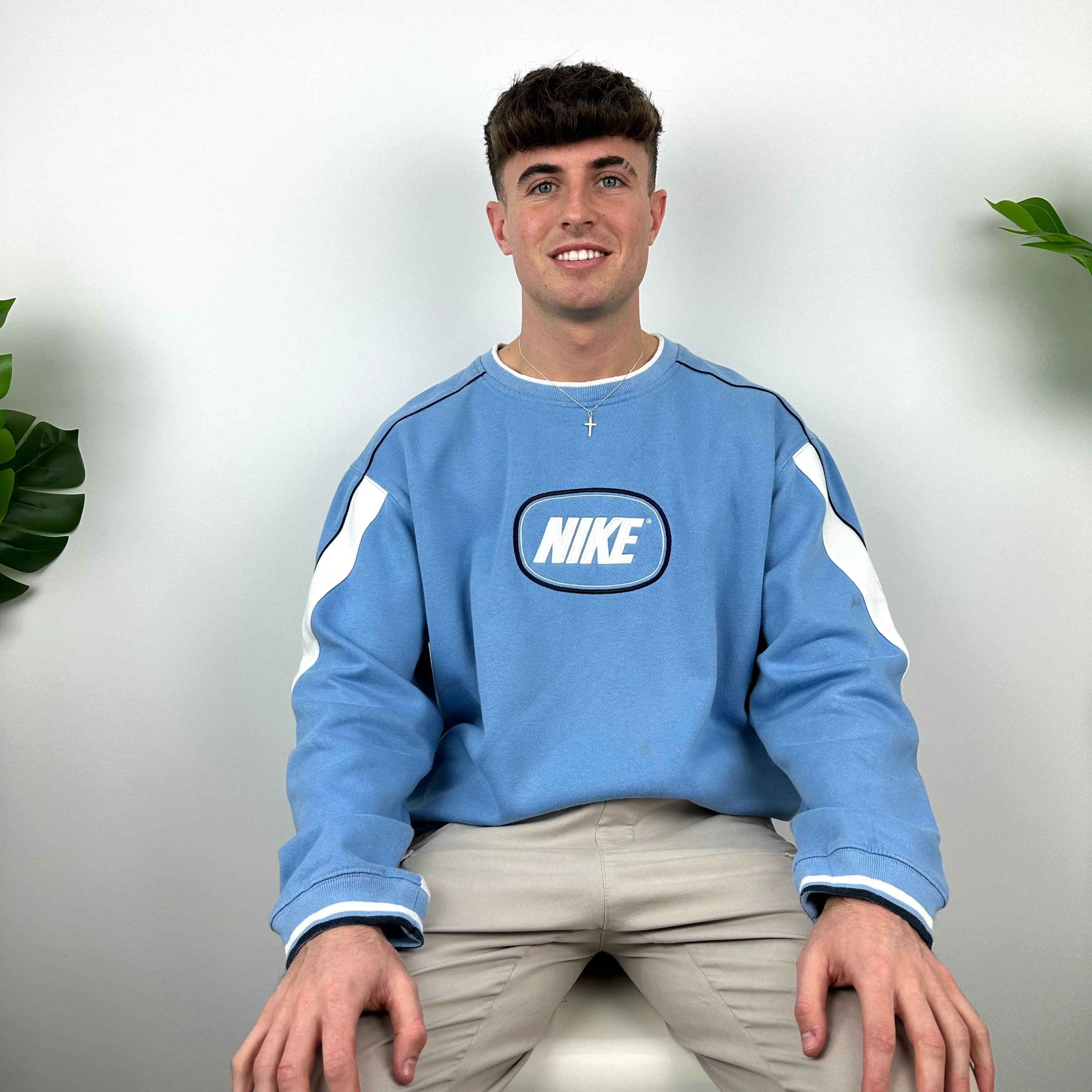 Nike Baby Blue Embroidered Spell Out Sweatshirt (XL) - Image 7