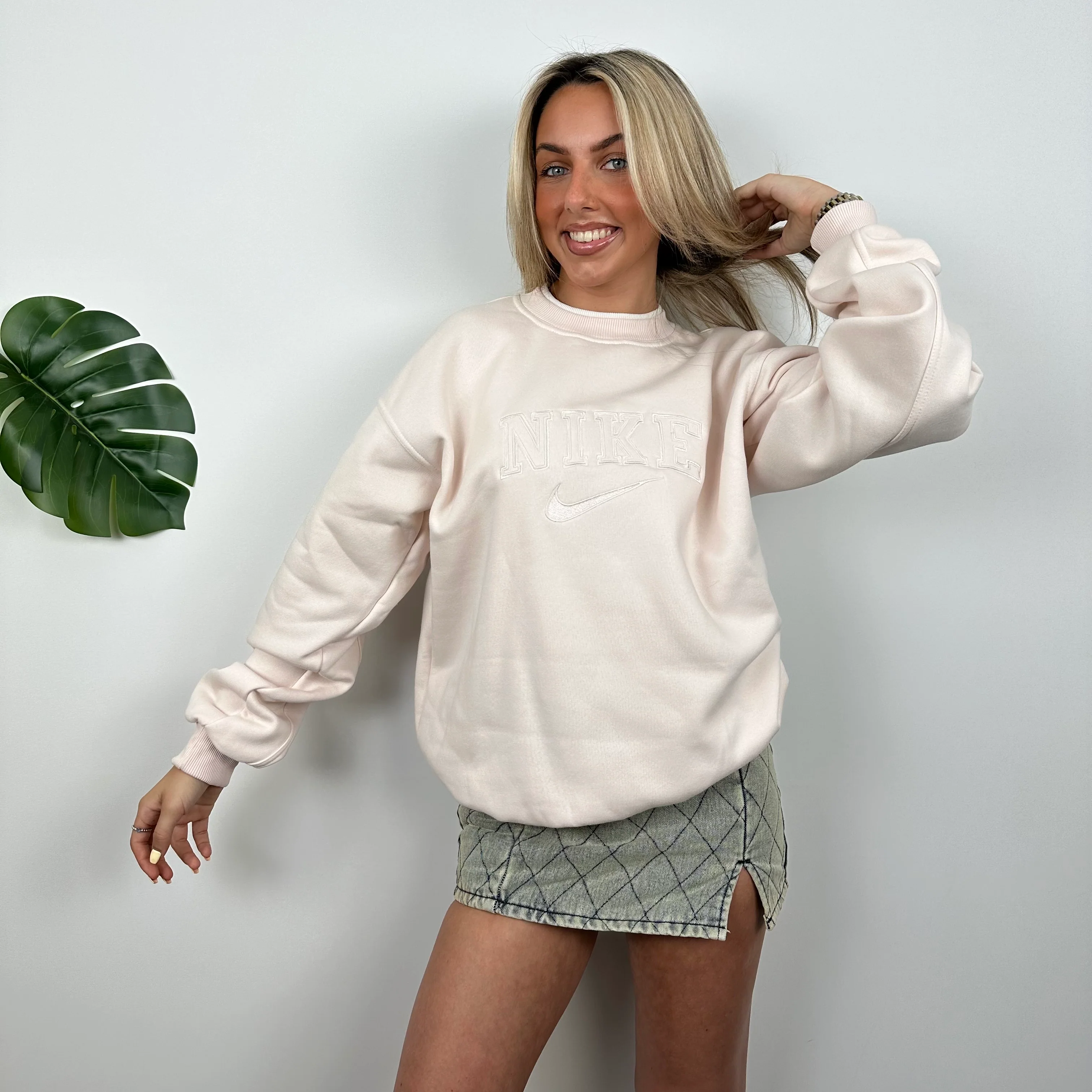 Nike Blush Pink Embroidered Spell Out Sweatshirt (M) - Image 7