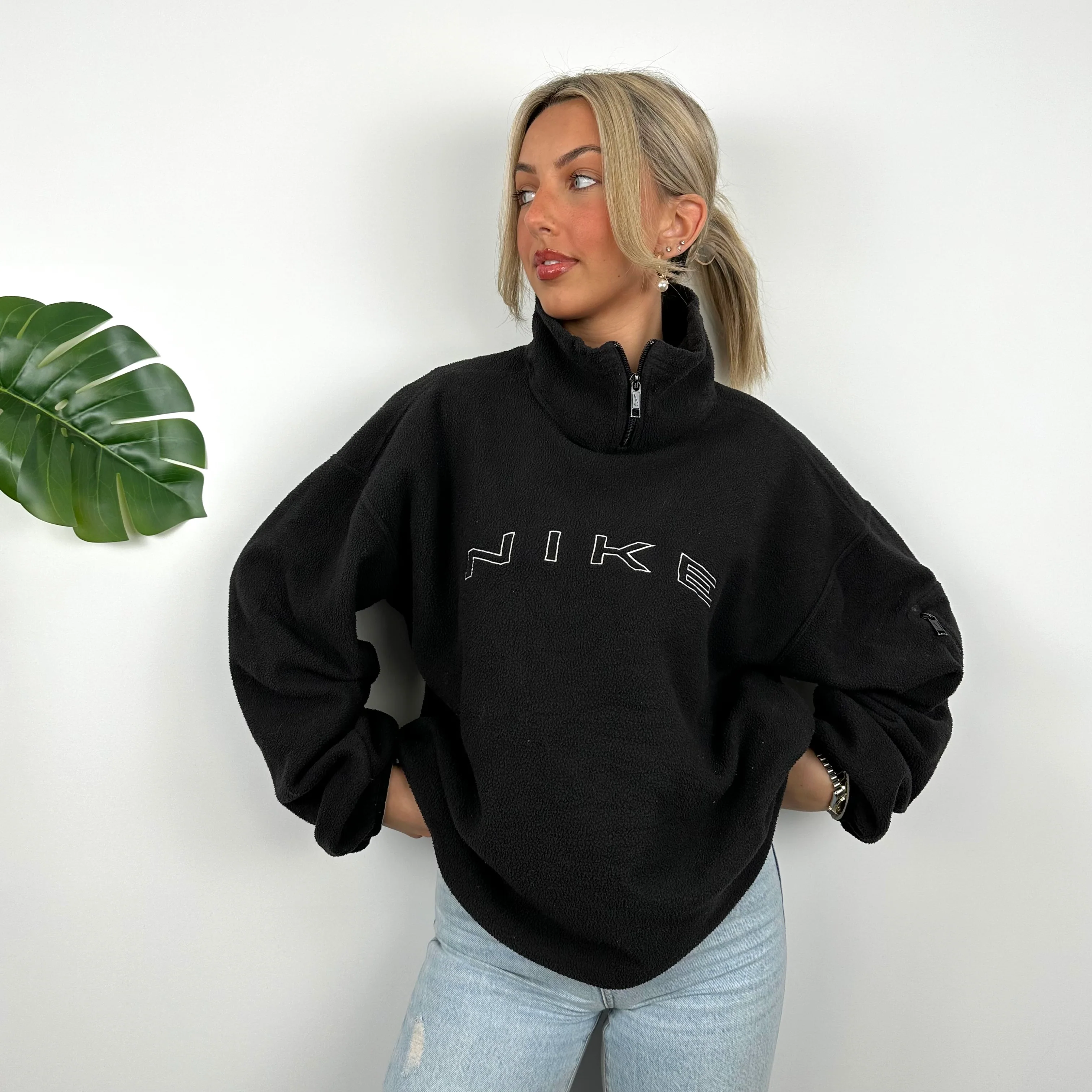 Nike Black Embroidered Spell Out Teddy Bear Fleece Quarter Zip Sweatshirt (L) - Image 2