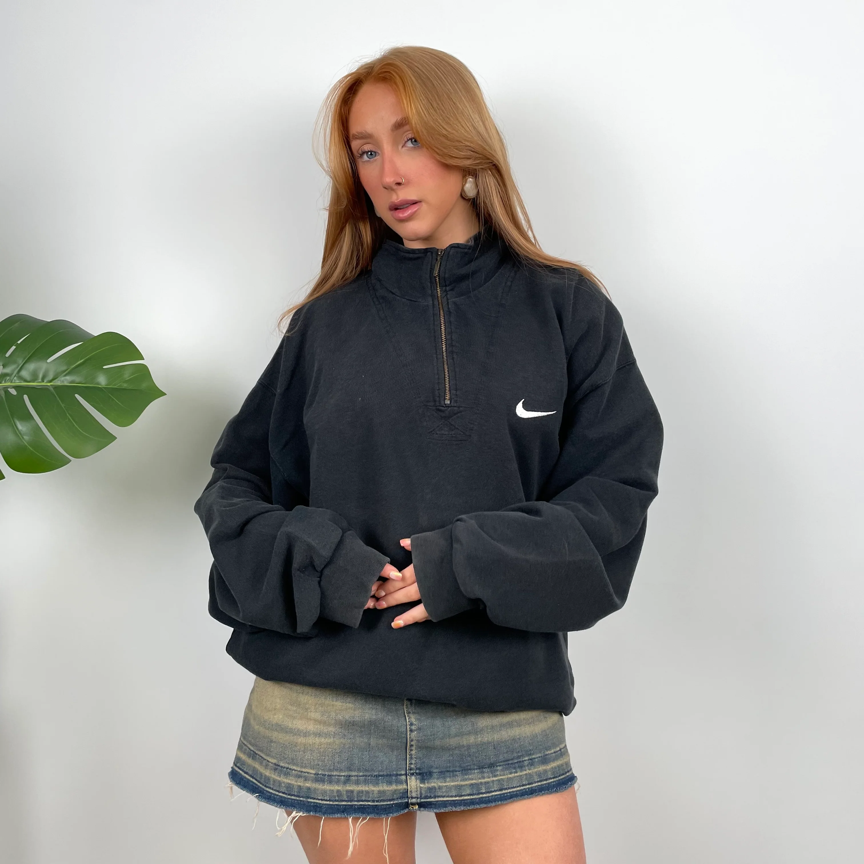 Nike Black Embroidered Swoosh Quarter Zip Sweatshirt (L) - Image 3