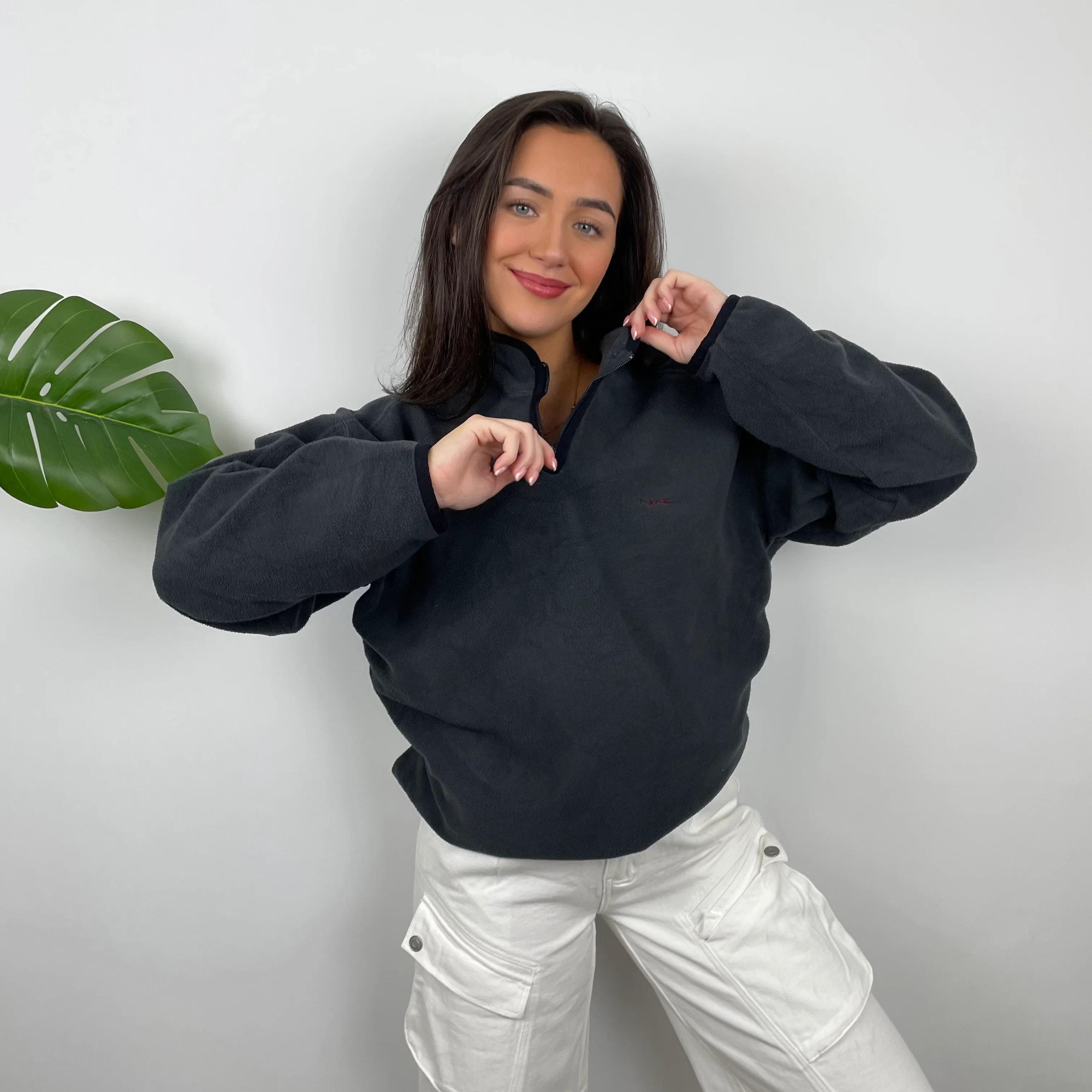 Nike Grey Embroidered Spell Out Teddy Bear Fleece Quarter Zip Sweatshirt (XL) - Image 5