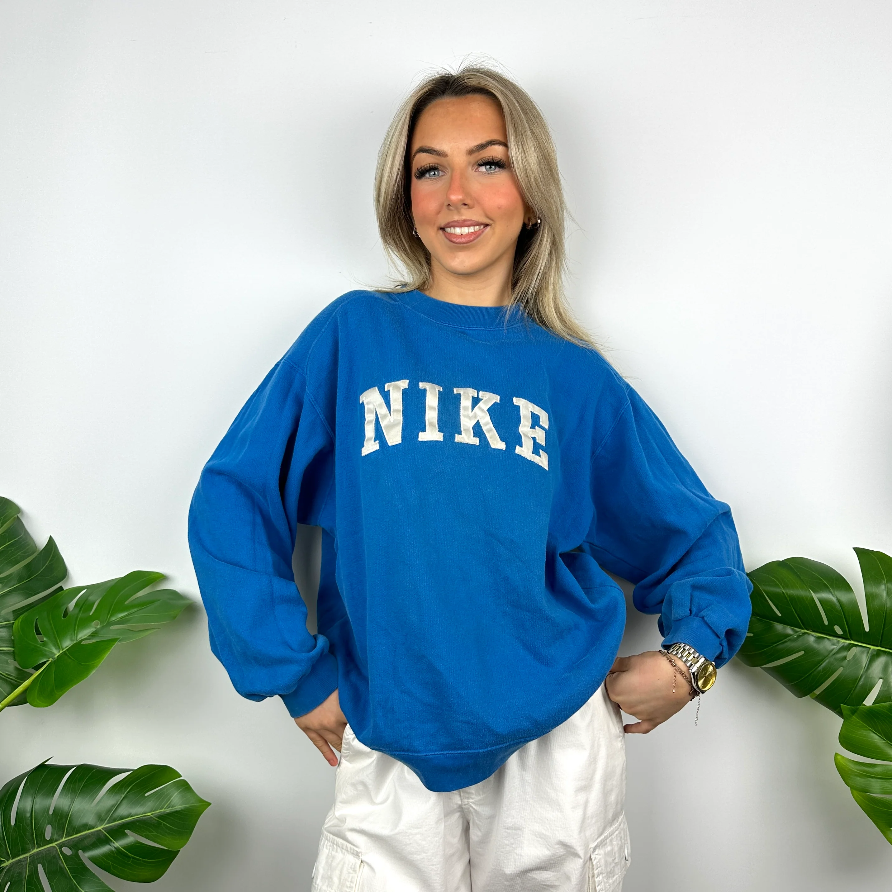 Nike Blue Embroidered Spell Out Sweatshirt (M) - Image 6