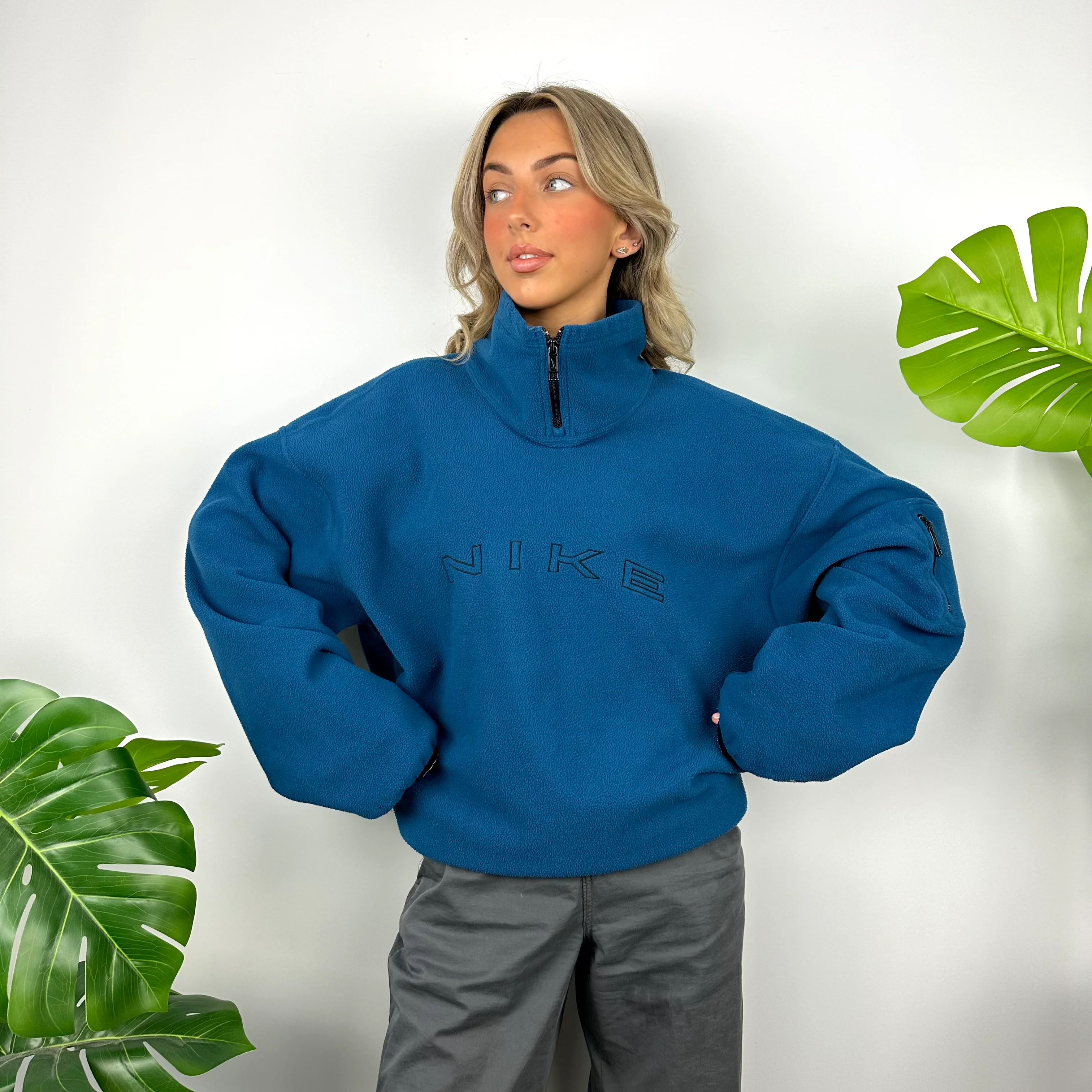 Nike Blue Embroidered Spell Out Teddy Bear Fleece Quarter Zip Sweatshirt (XL) - Image 2