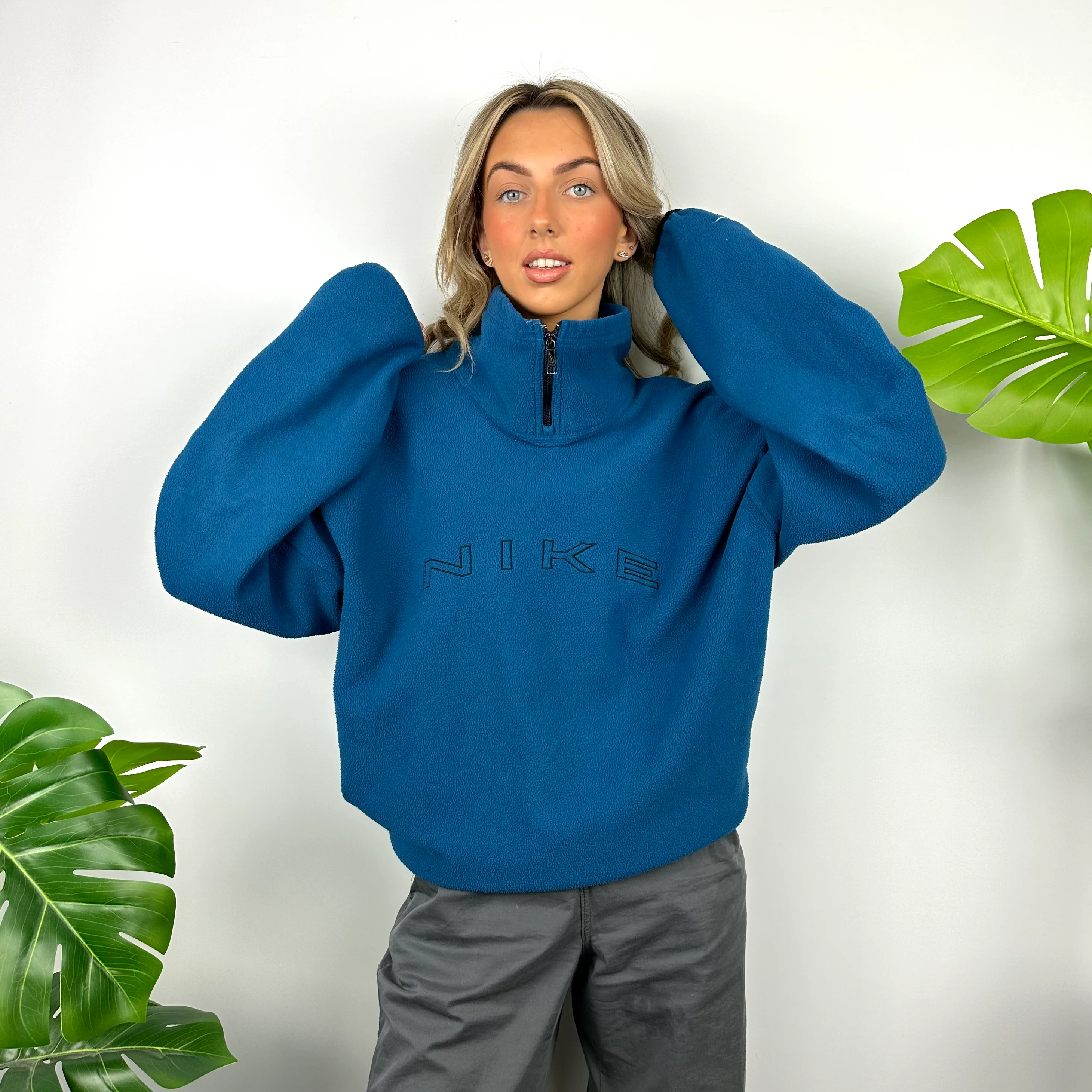 Nike Blue Embroidered Spell Out Teddy Bear Fleece Quarter Zip Sweatshirt (XL) - Image 3