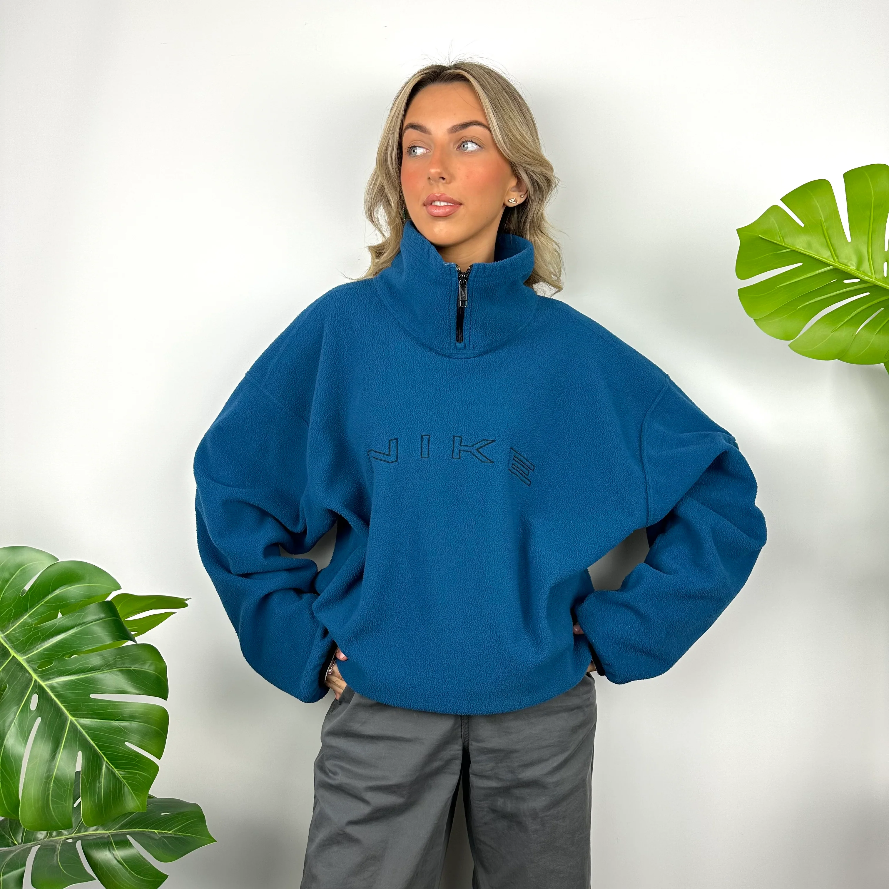 Nike Blue Embroidered Spell Out Teddy Bear Fleece Quarter Zip Sweatshirt (XL) - Image 5