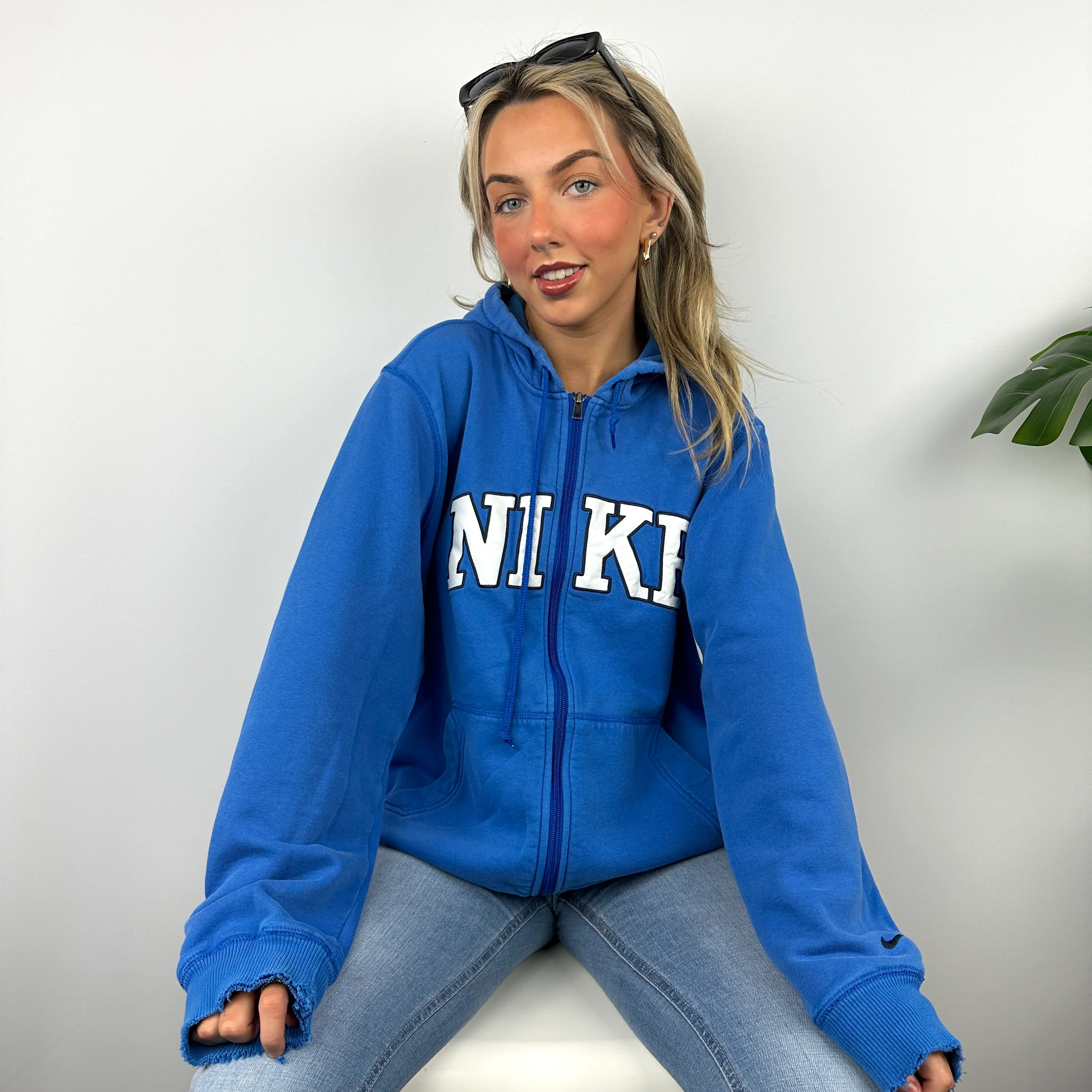Nike Blue Embroidered Spell Out Zip Up Hoodie Jacket (L) - Image 4