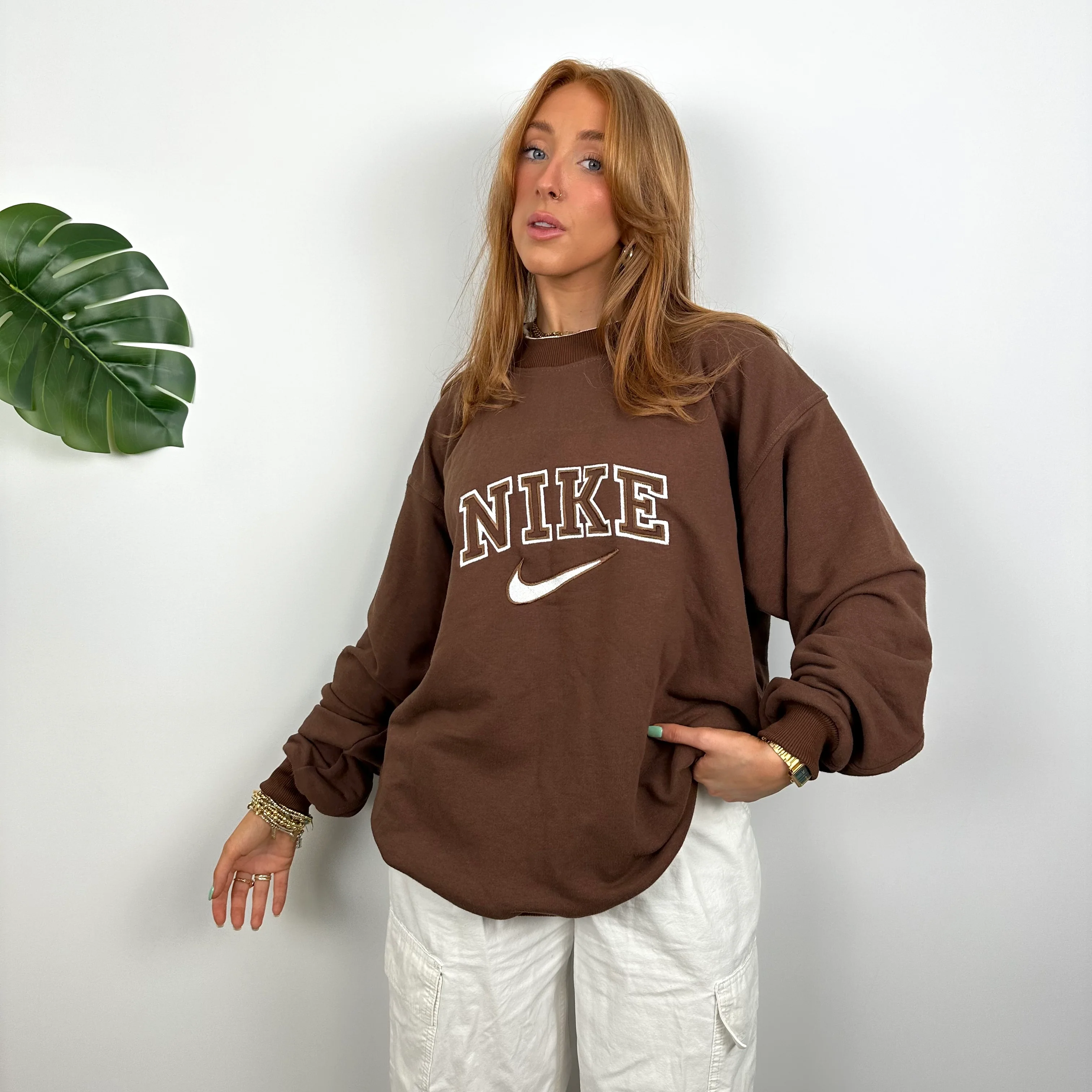 Nike Brown Embroidered Spell Out Sweatshirt (M) - Image 5