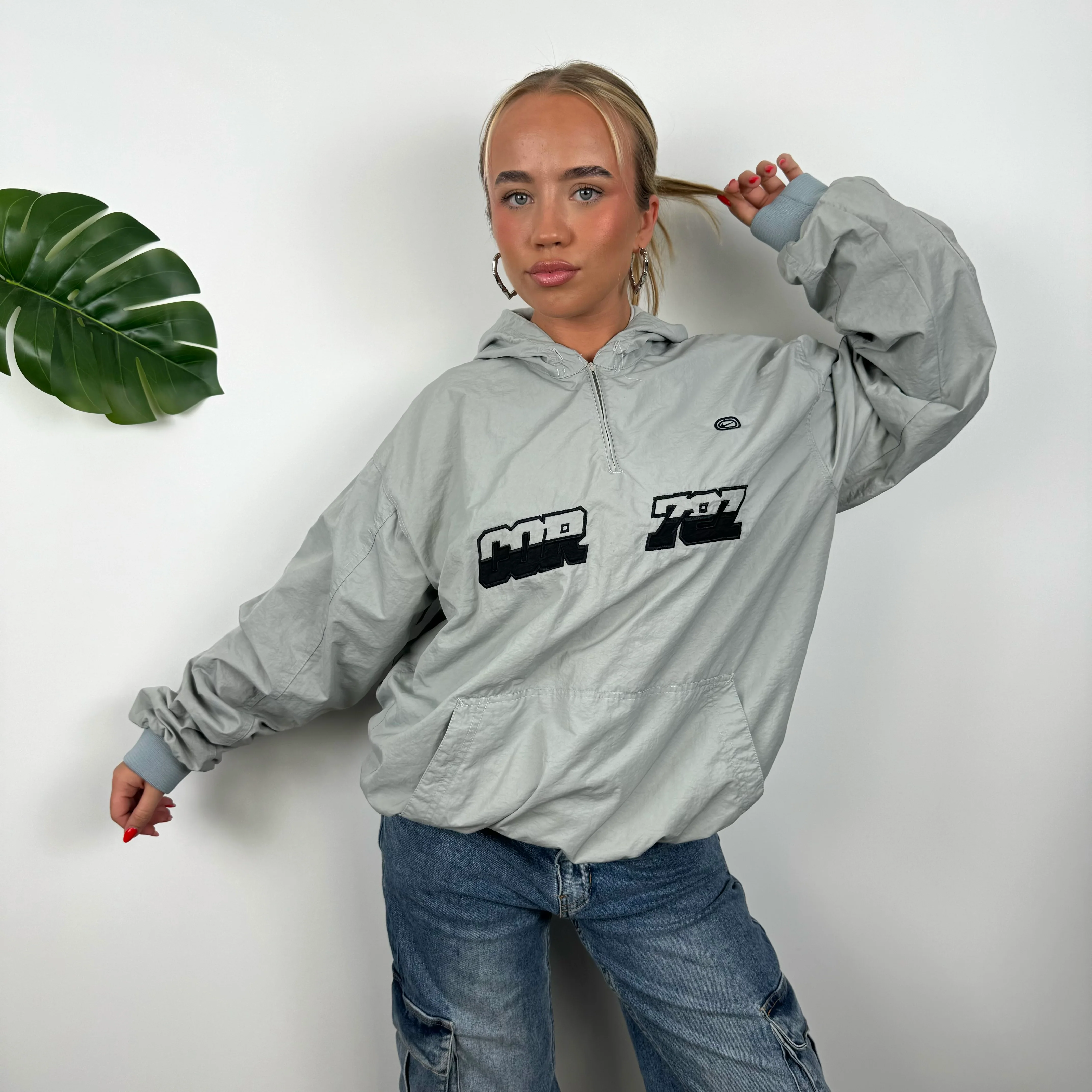 Nike Cortez Grey Embroidered Spell Out Quarter Zip Pullover Windbreaker Jacket (XL) - Image 7