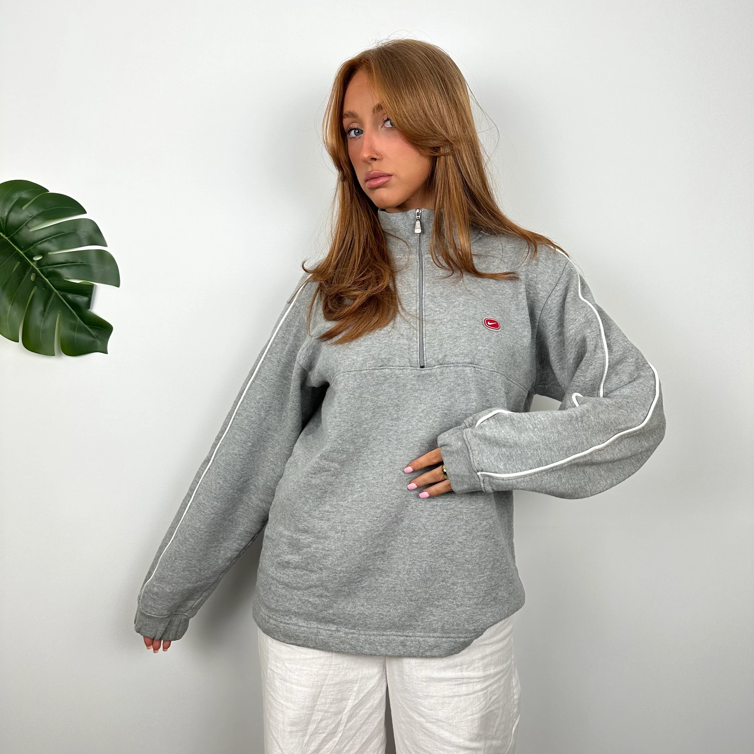 Nike Cortez Grey Embroidered Spell Out Quarter Zip Sweatshirt (S) - Image 5