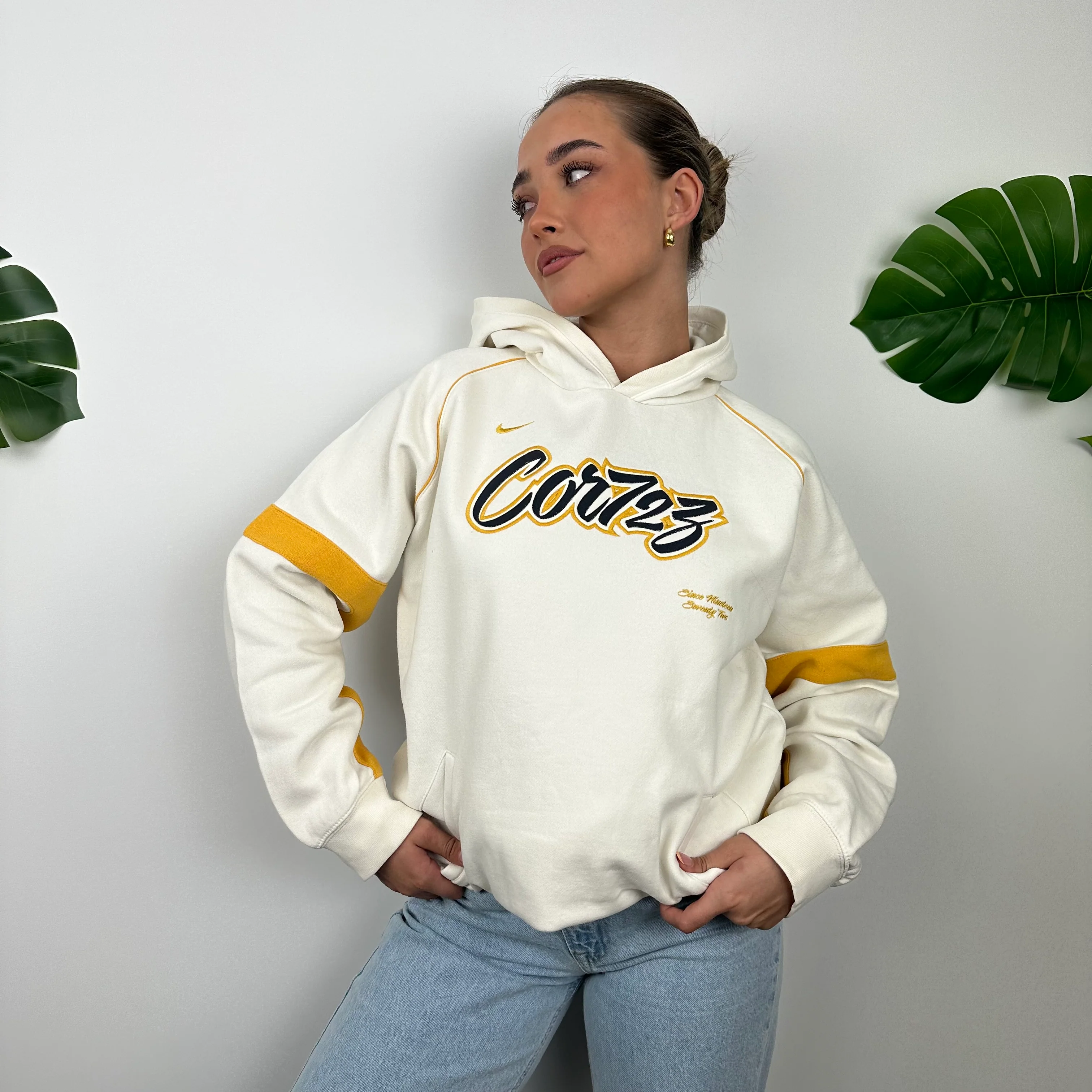 Nike Cortez RARE Cream Embroidered Spell Out Hoodie (M) - Image 7