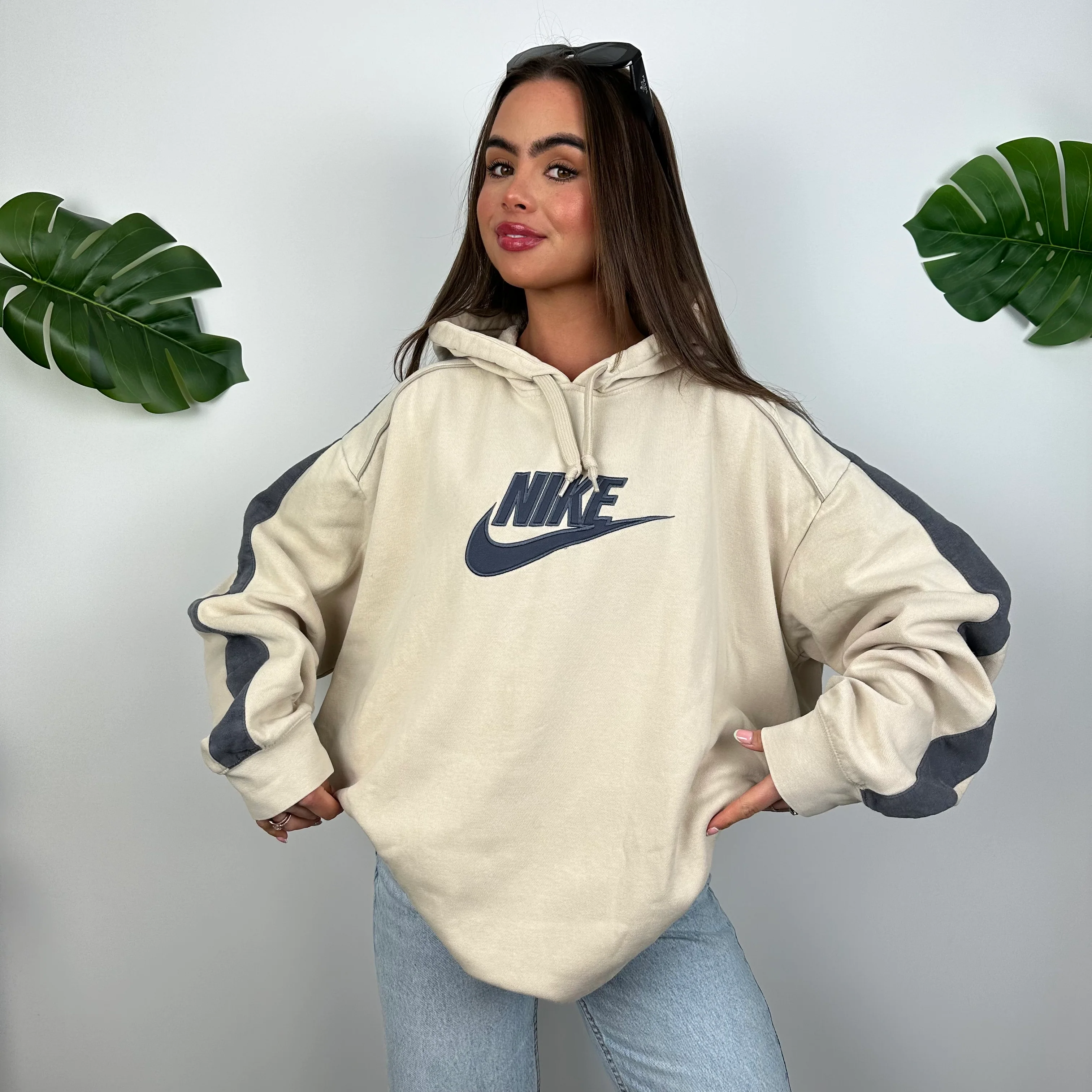 Nike Cream Embroidered Spell Out Hoodie (L) - Image 3
