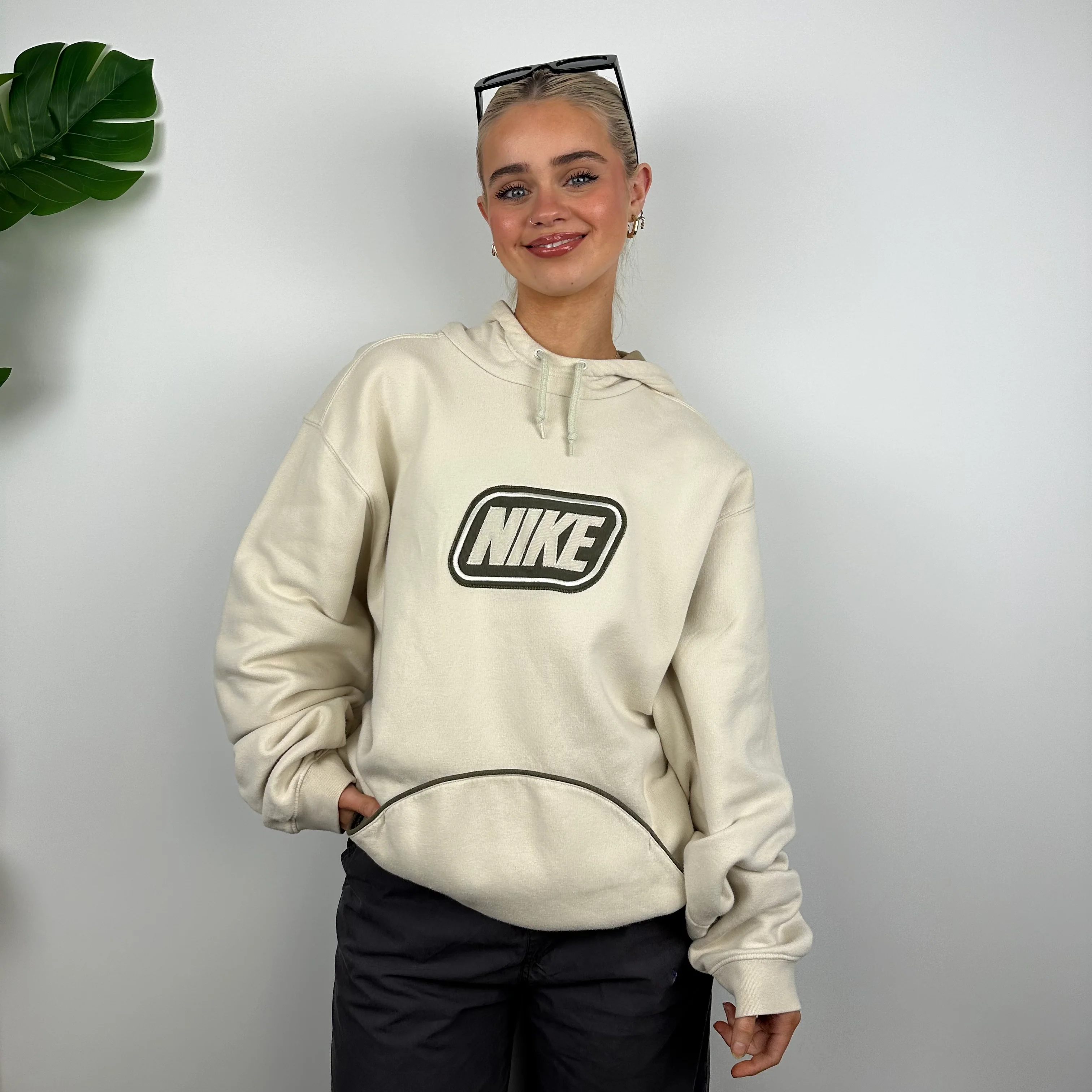 Nike Cream Embroidered Spell Out Hoodie (L) - Image 4