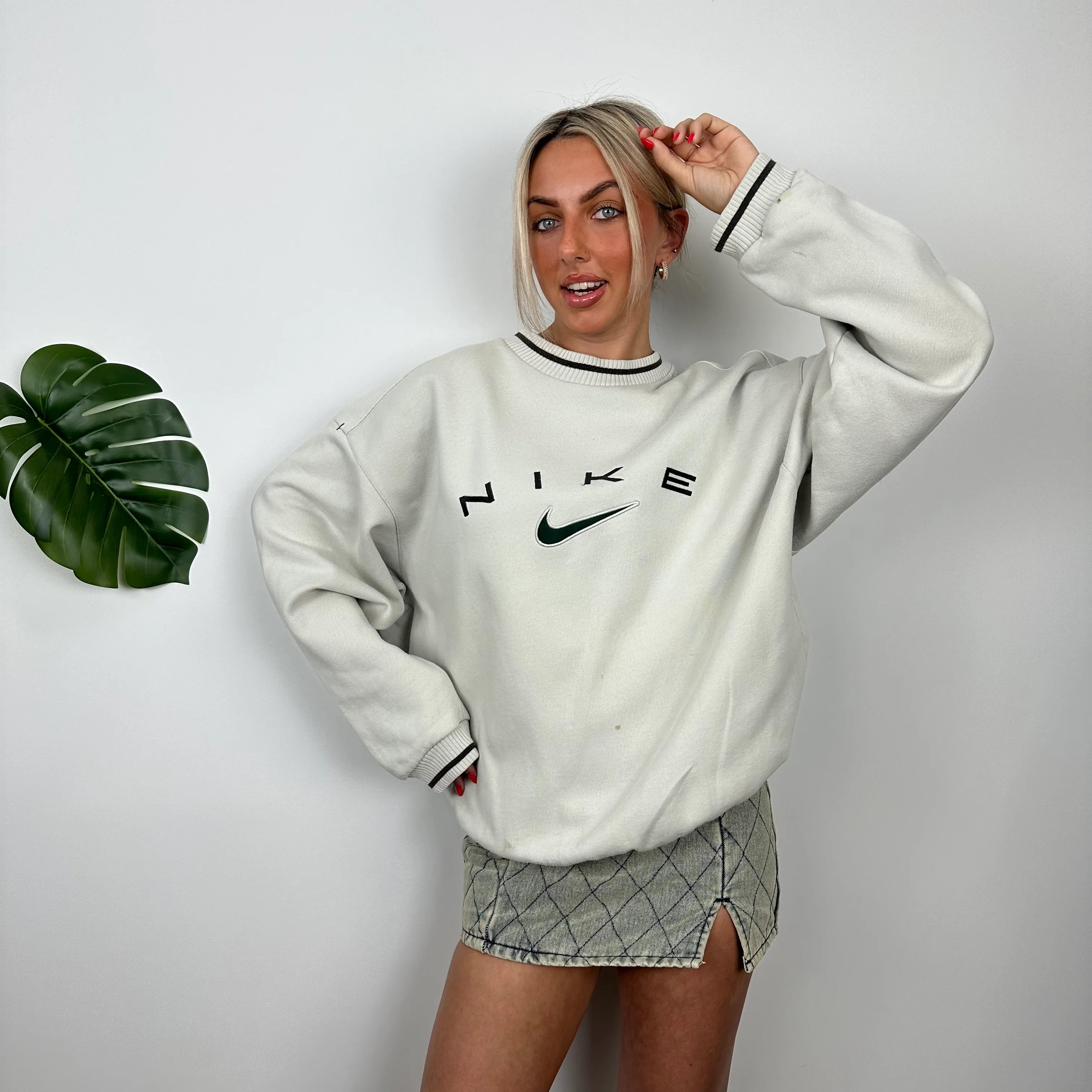 Nike Cream Embroidered Spell Out Sweatshirt (L) - Image 2