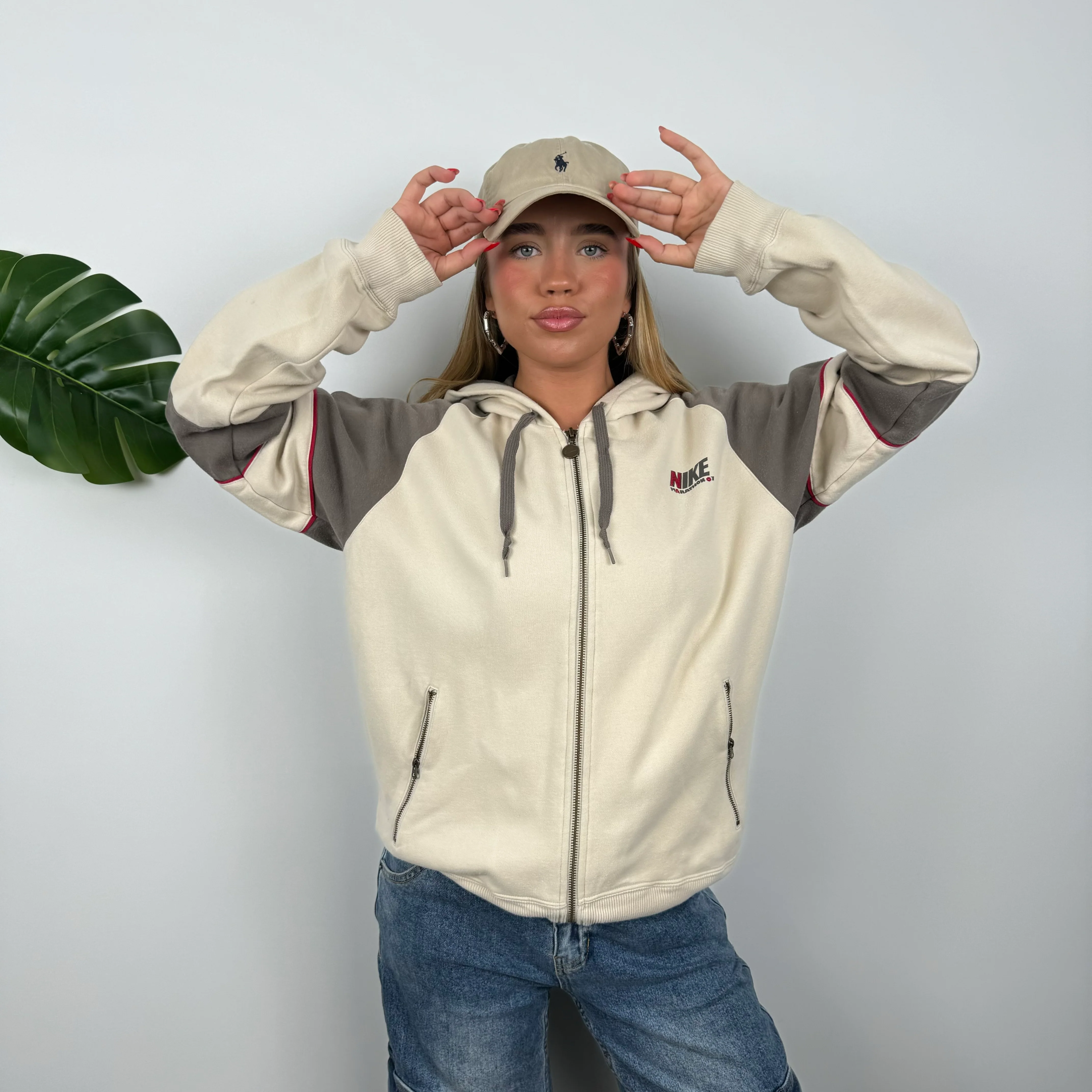 Nike Cream Embroidered Spell Out Zip Up Hoodie (M) - Image 5