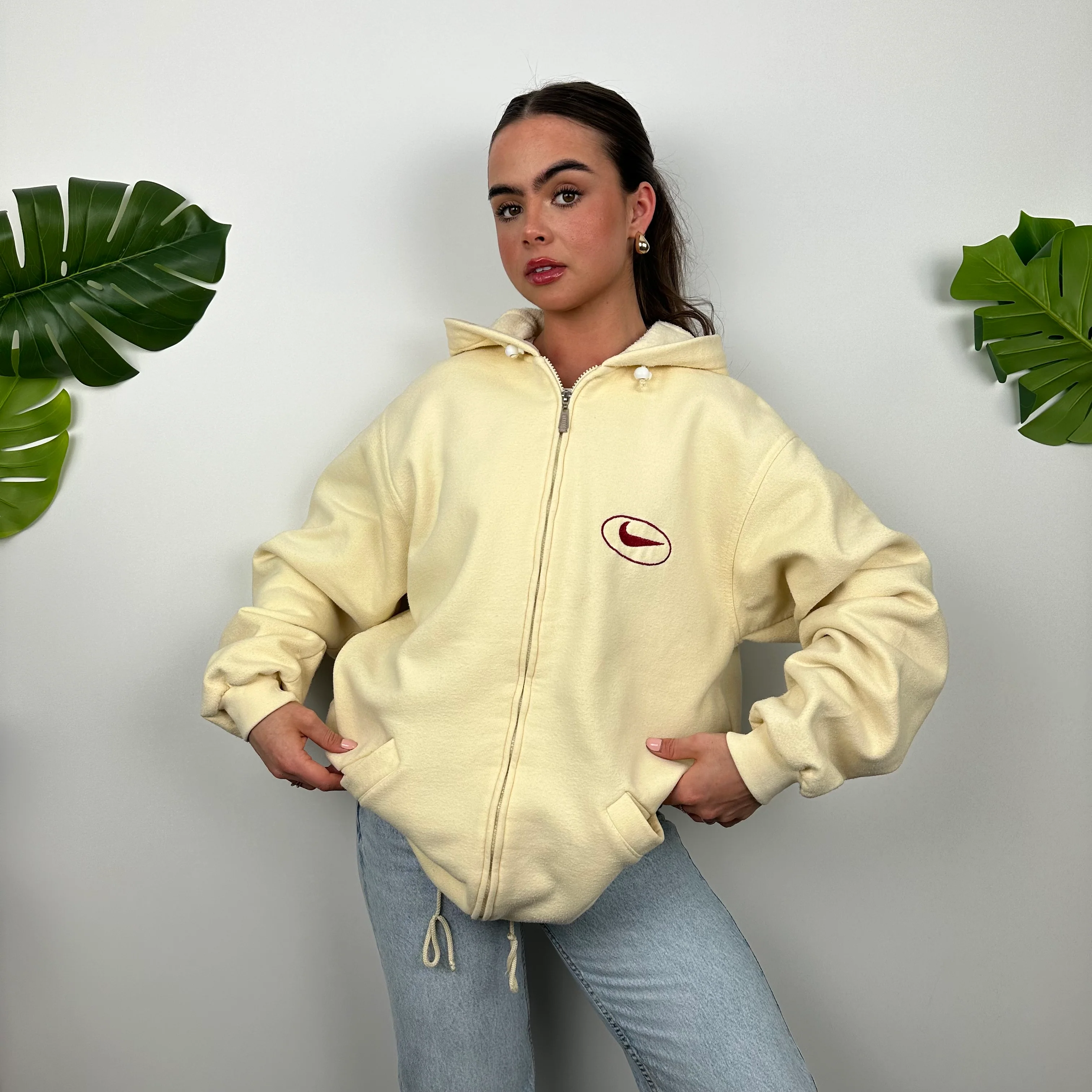 Nike Cream Embroidered Spell Out Zip Up Hoodie Jacket (L) - Image 2
