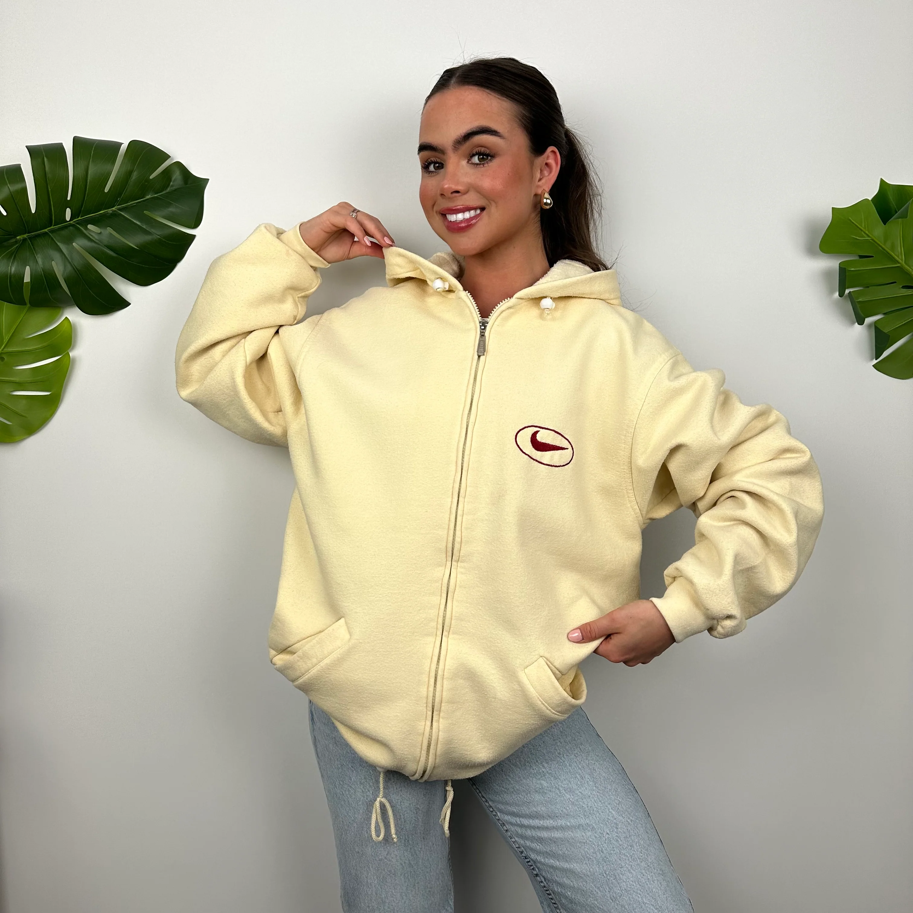 Nike Cream Embroidered Spell Out Zip Up Hoodie Jacket (L) - Image 5