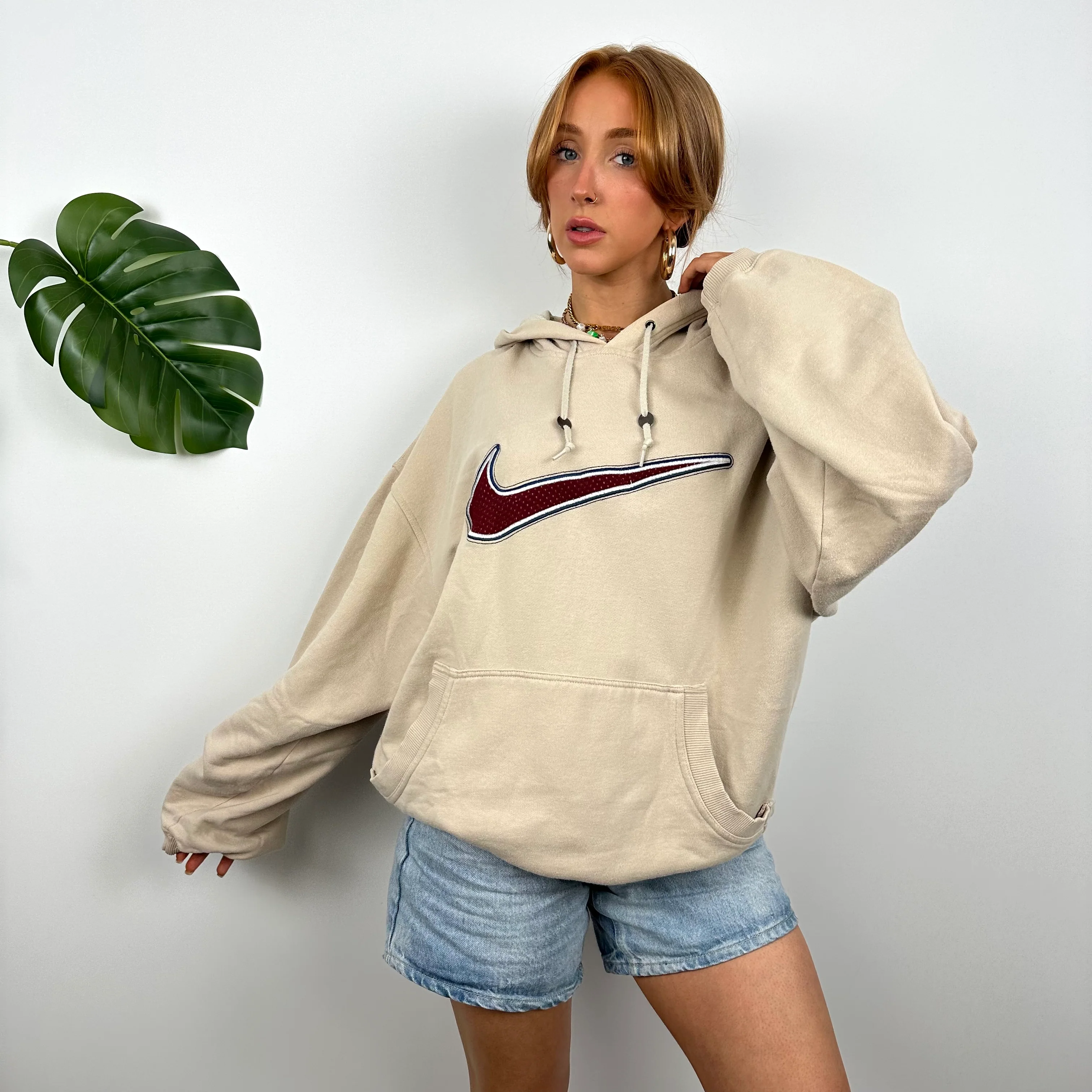 Nike Cream Embroidered Swoosh Hoodie (L) - Image 3