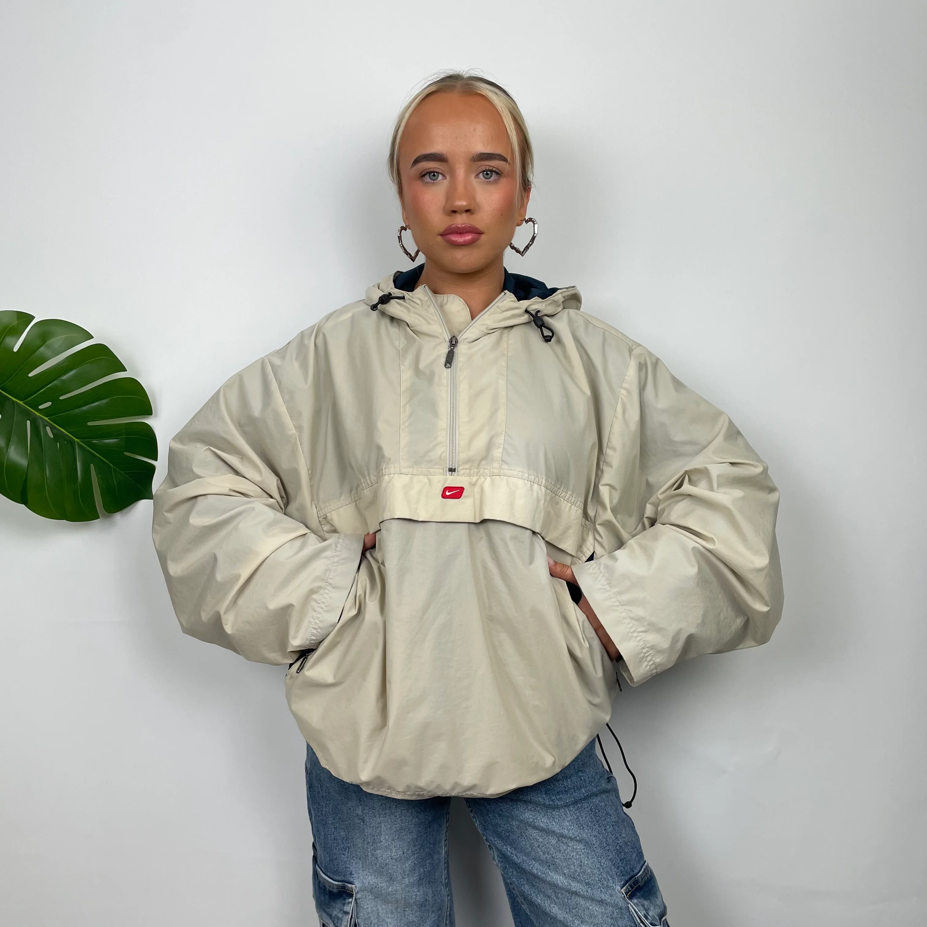 Nike Cream Embroidered Swoosh Quarter Zip Pullover Windbreaker Jacket (L)