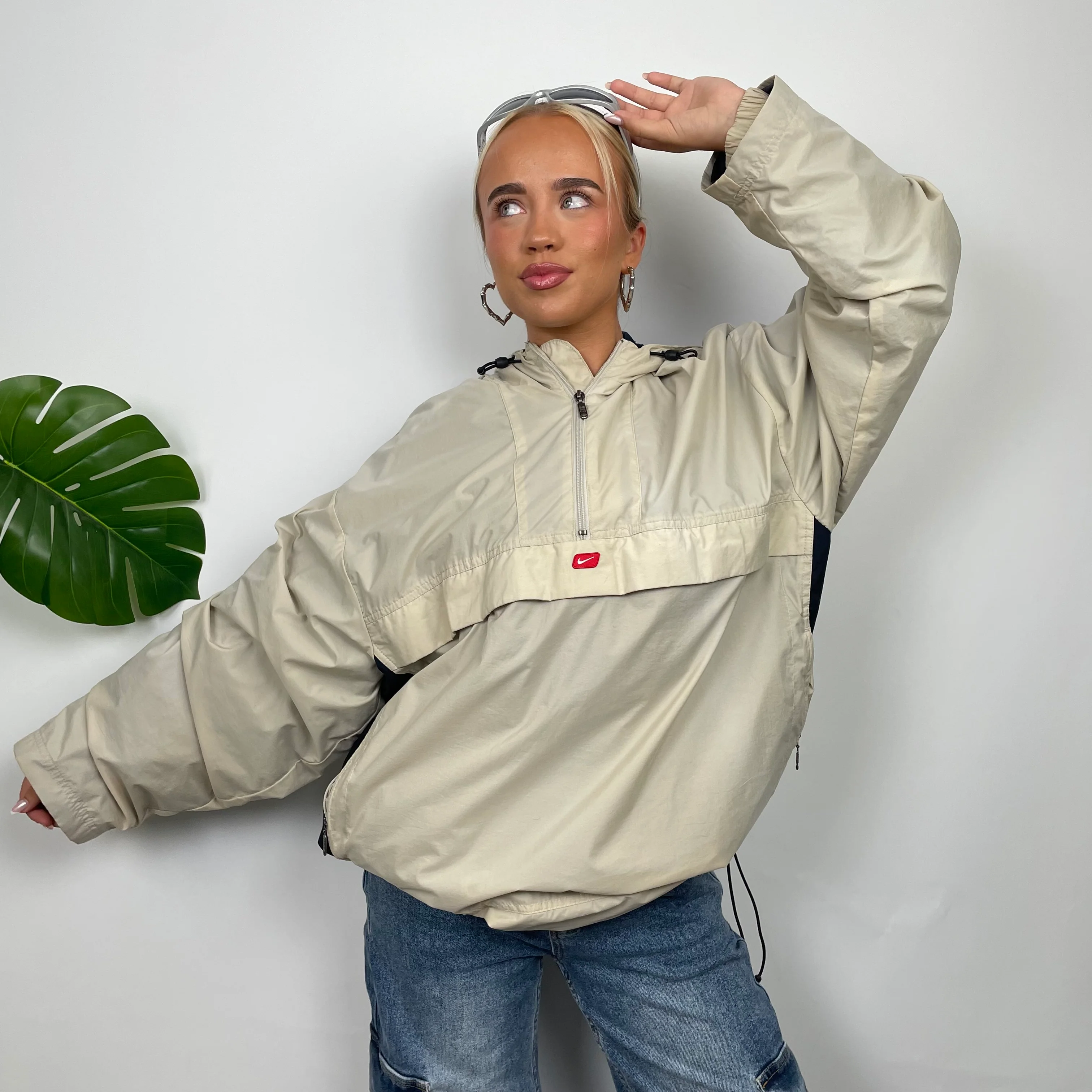 Nike Cream Embroidered Swoosh Quarter Zip Pullover Windbreaker Jacket (L) - Image 3