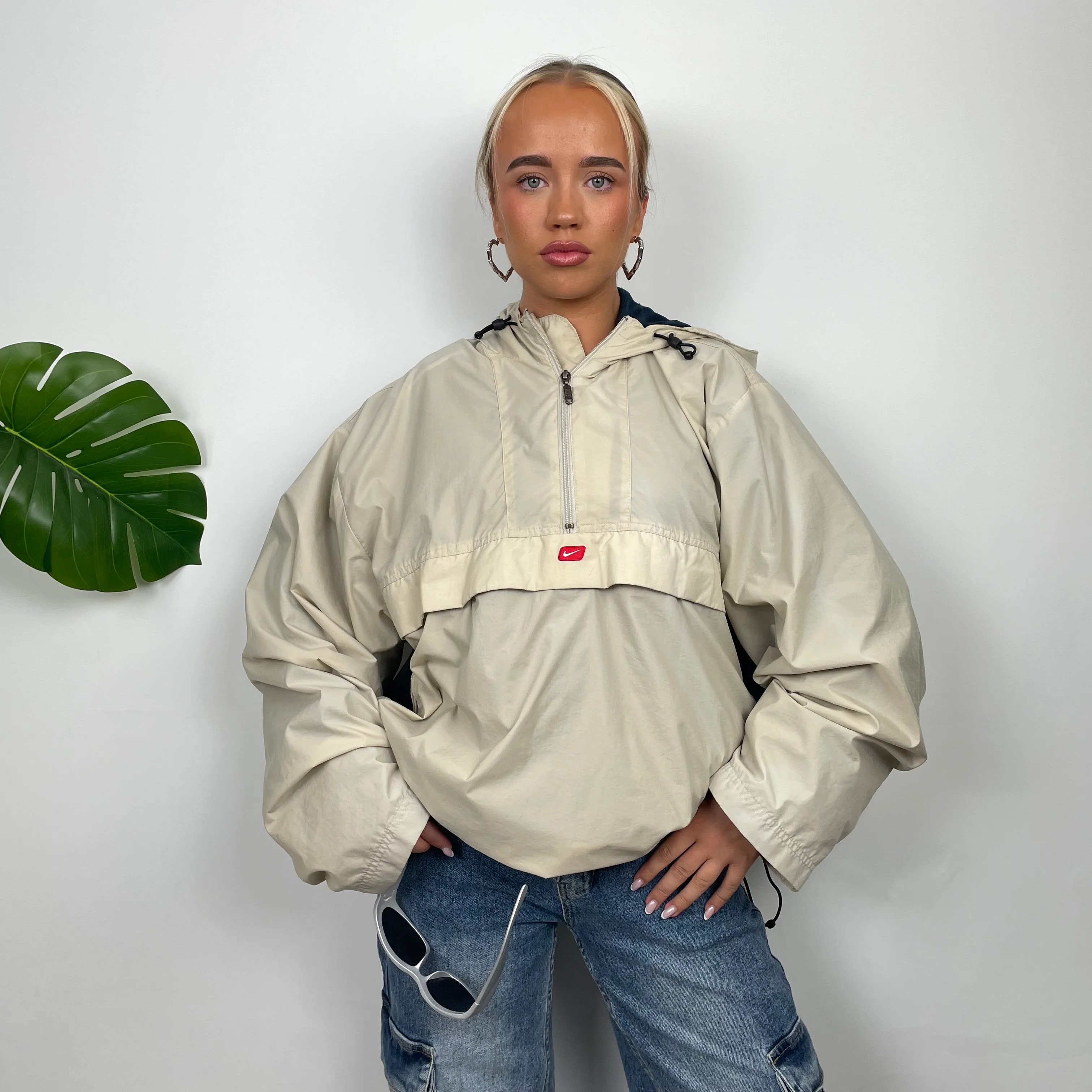 Nike Cream Embroidered Swoosh Quarter Zip Pullover Windbreaker Jacket (L) - Image 4
