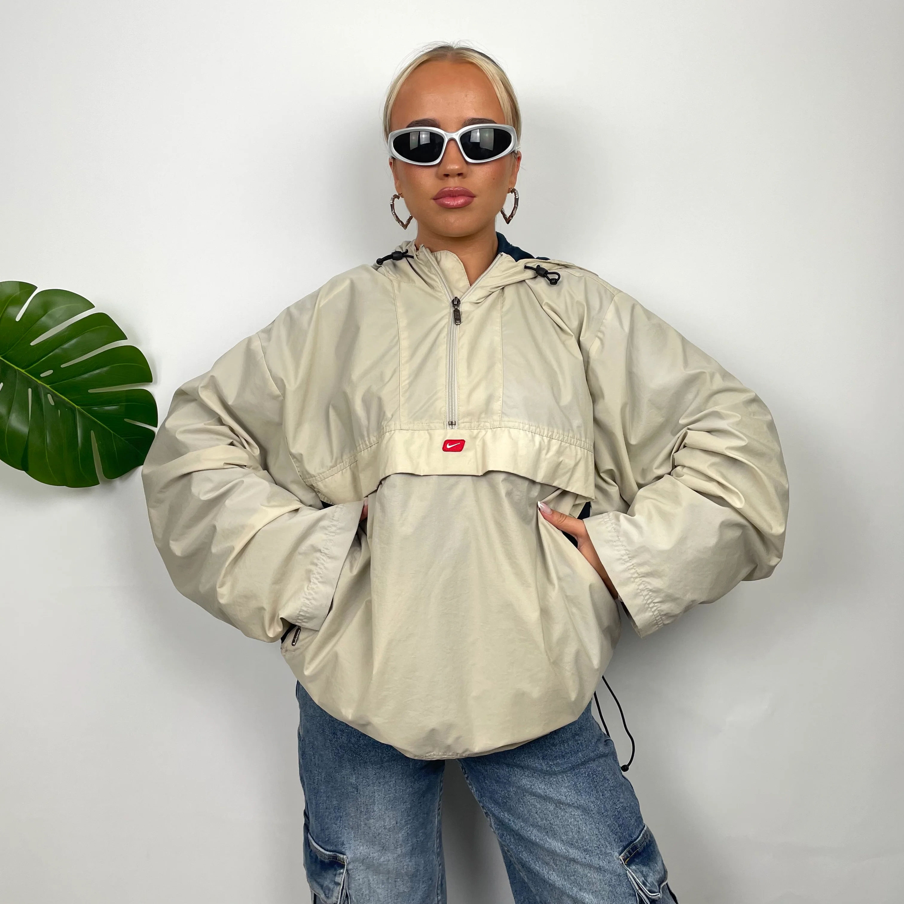 Nike Cream Embroidered Swoosh Quarter Zip Pullover Windbreaker Jacket (L) - Image 5