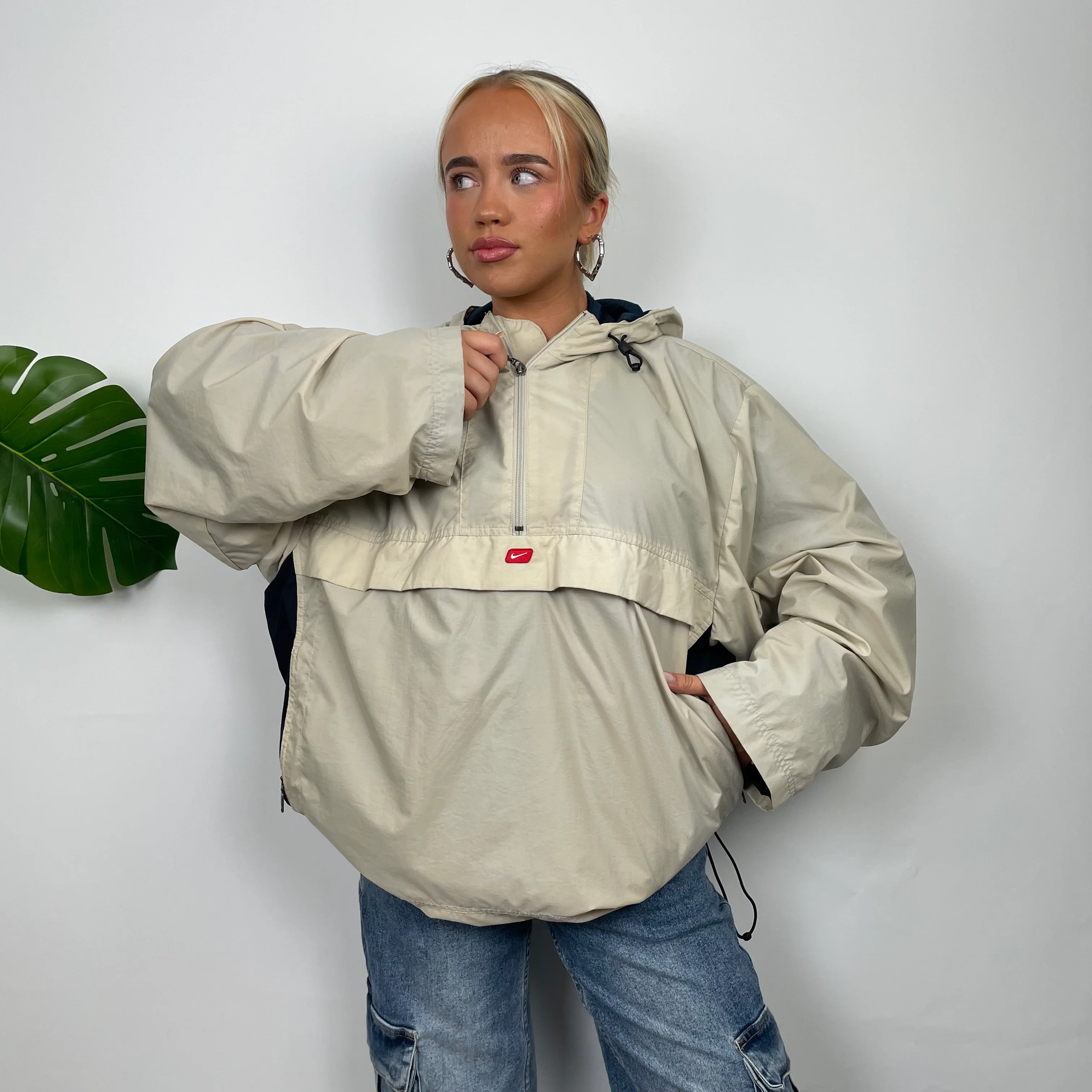 Nike Cream Embroidered Swoosh Quarter Zip Pullover Windbreaker Jacket (L) - Image 7