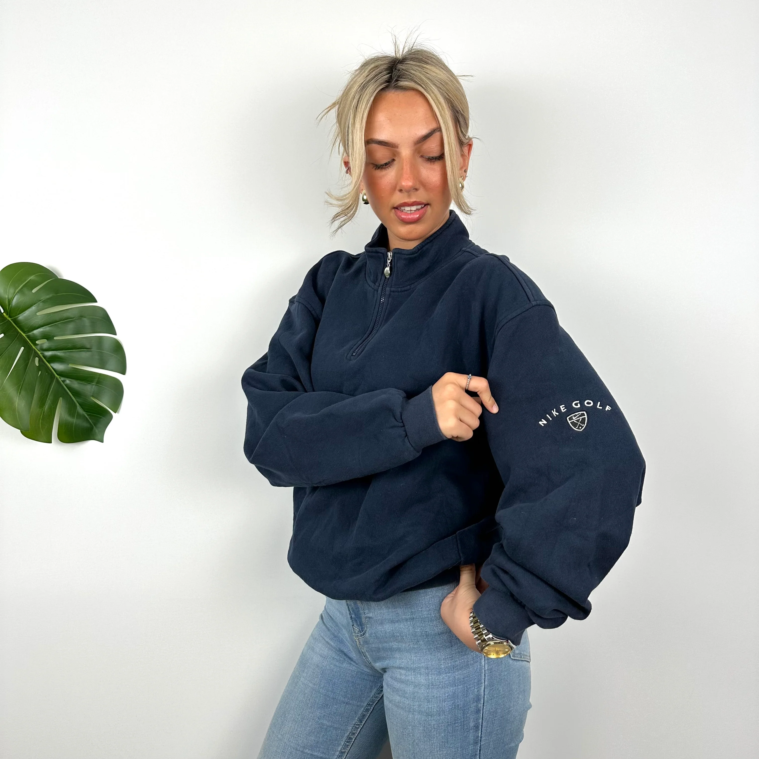 Nike Golf RARE Navy Embroidered Spell Out Quarter Zip Sweatshirt (M) - Image 2