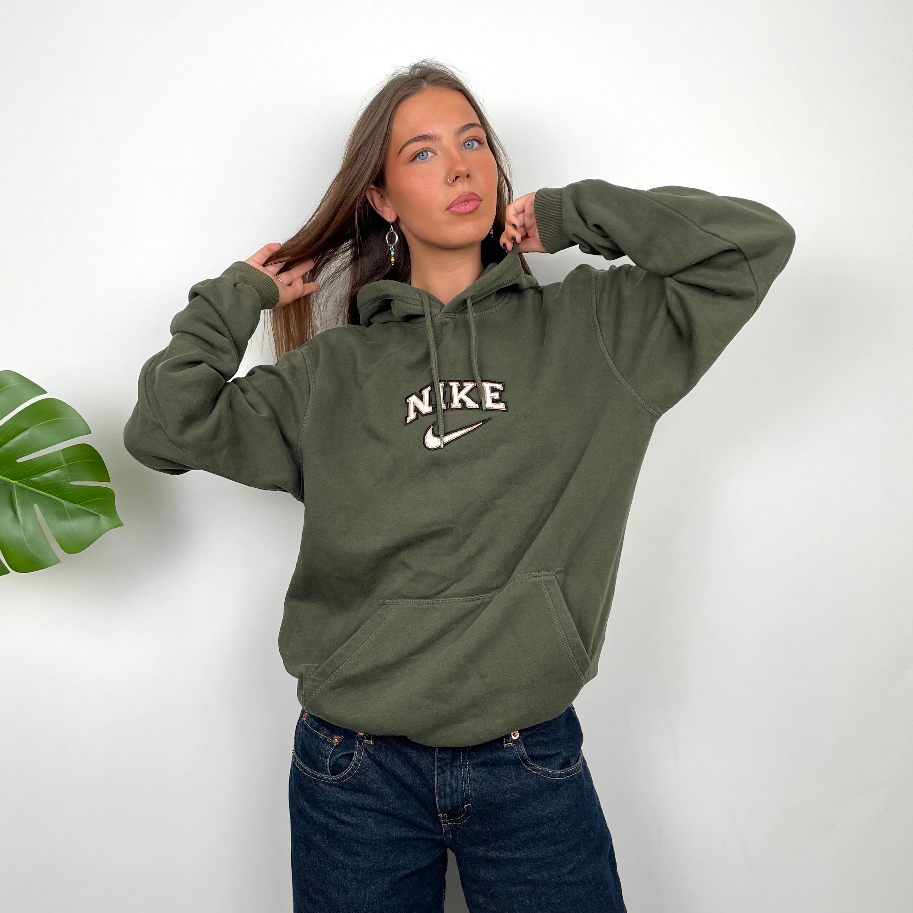 Nike Green Embroidered Spell Out Hoodie (M) - Image 2