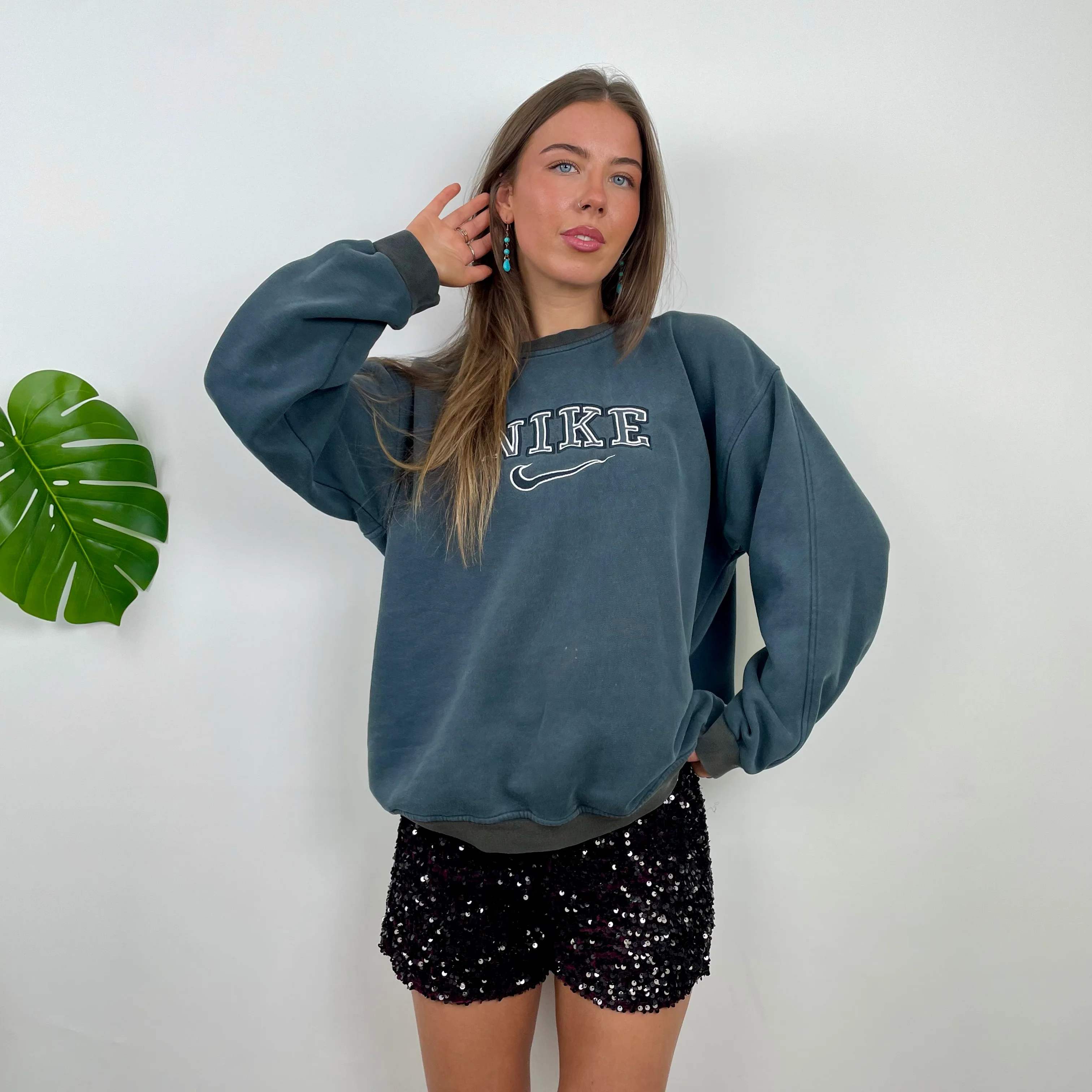 Nike Green Grey Embroidered Spell Out Sweatshirt (M) - Image 2