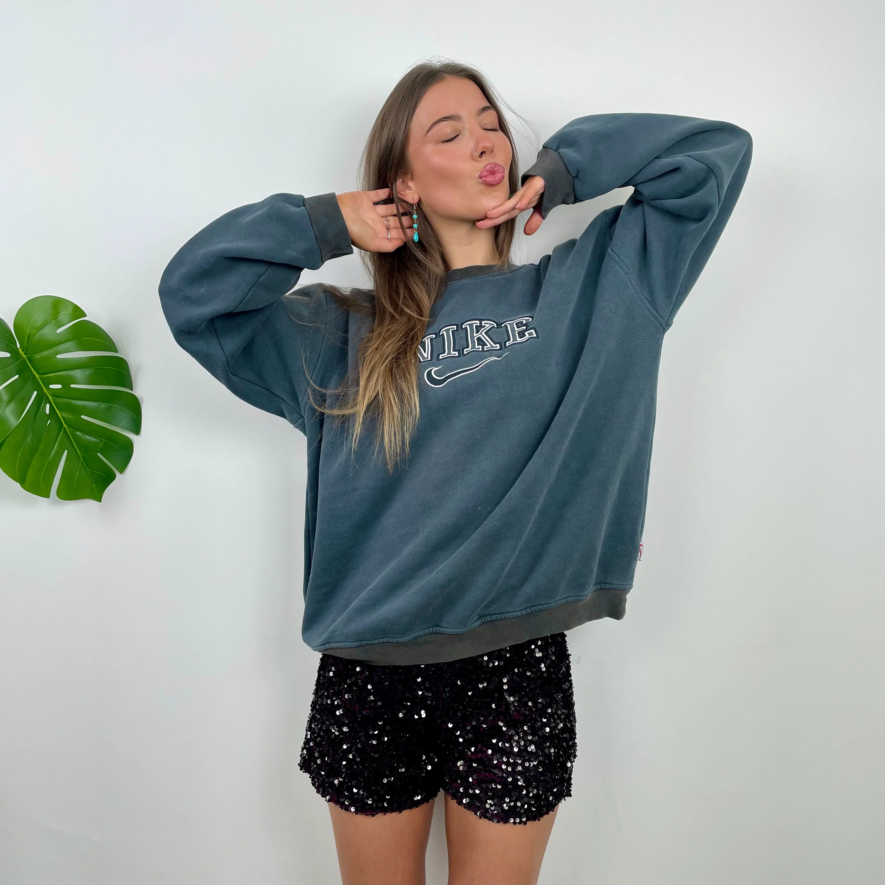 Nike Green Grey Embroidered Spell Out Sweatshirt (M) - Image 3