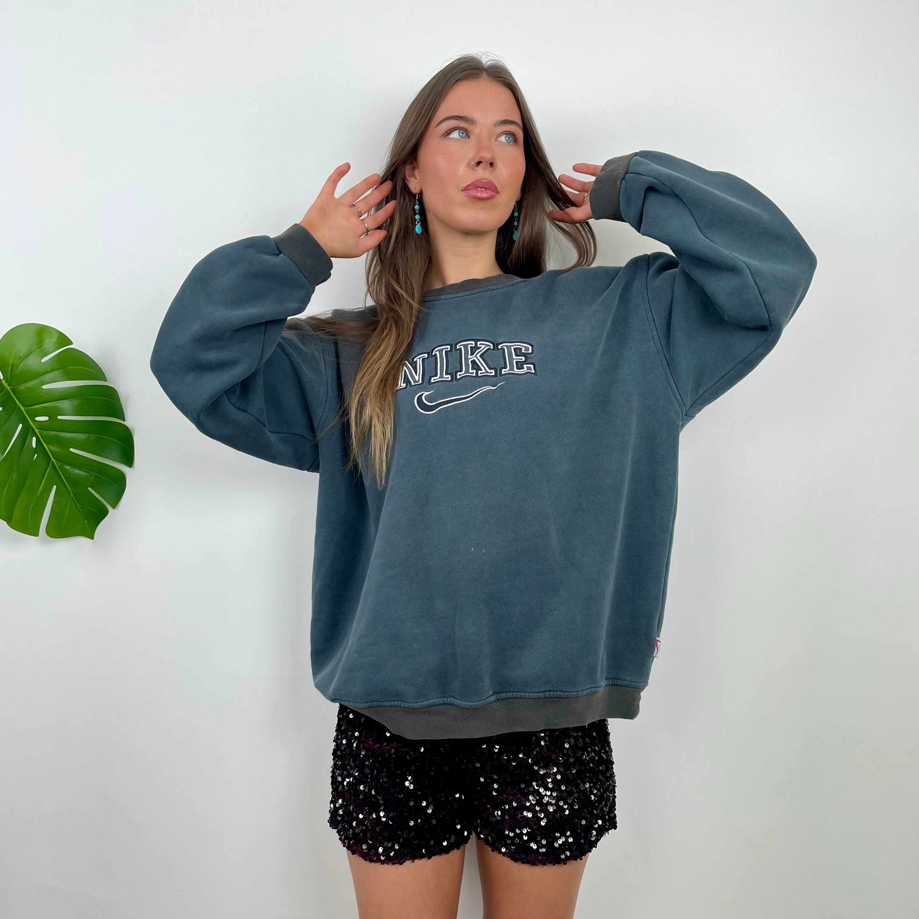 Nike Green Grey Embroidered Spell Out Sweatshirt (M) - Image 5