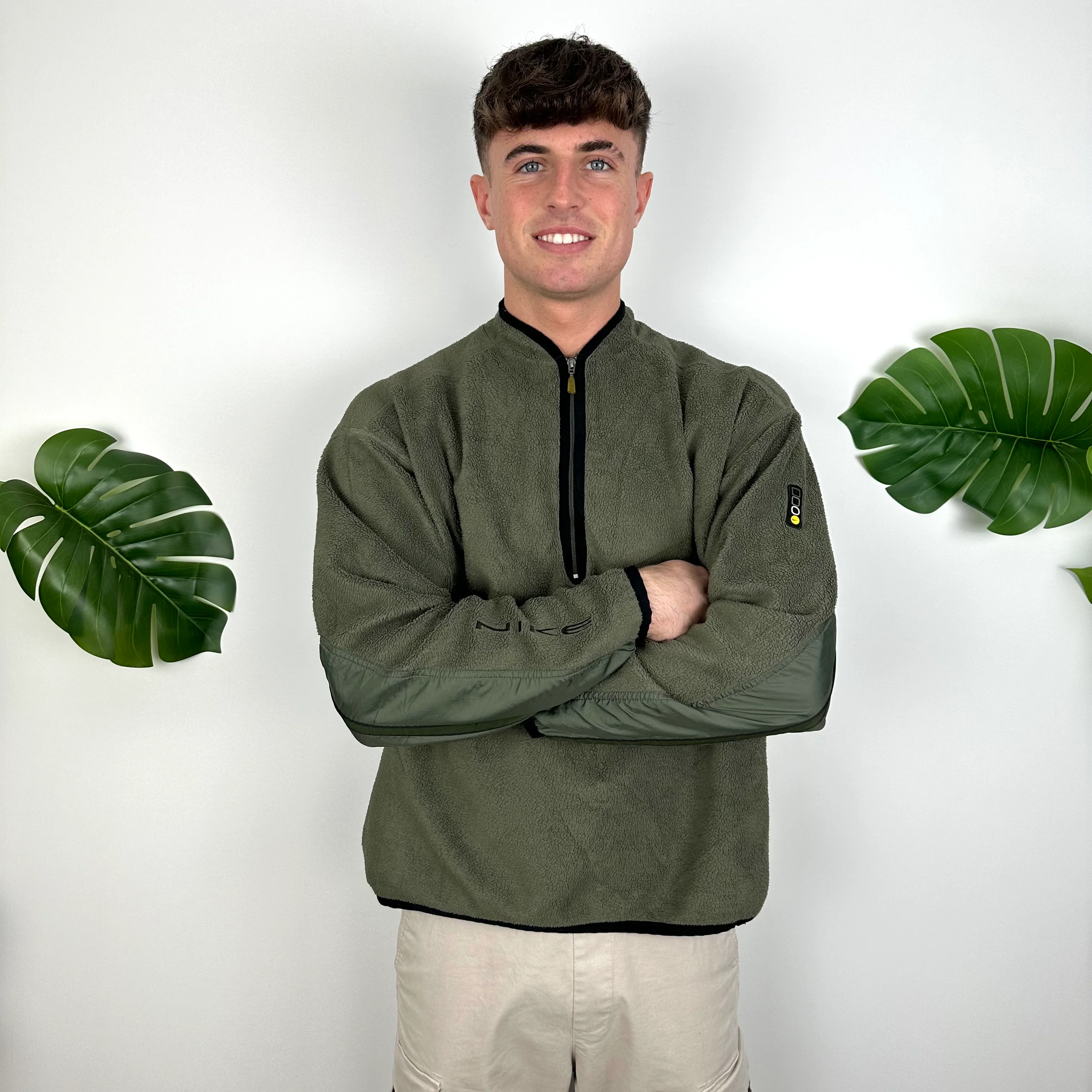 Nike Green Embroidered Spell Out Teddy Bear Fleece Quarter Zip Sweatshirt (L) - Image 3