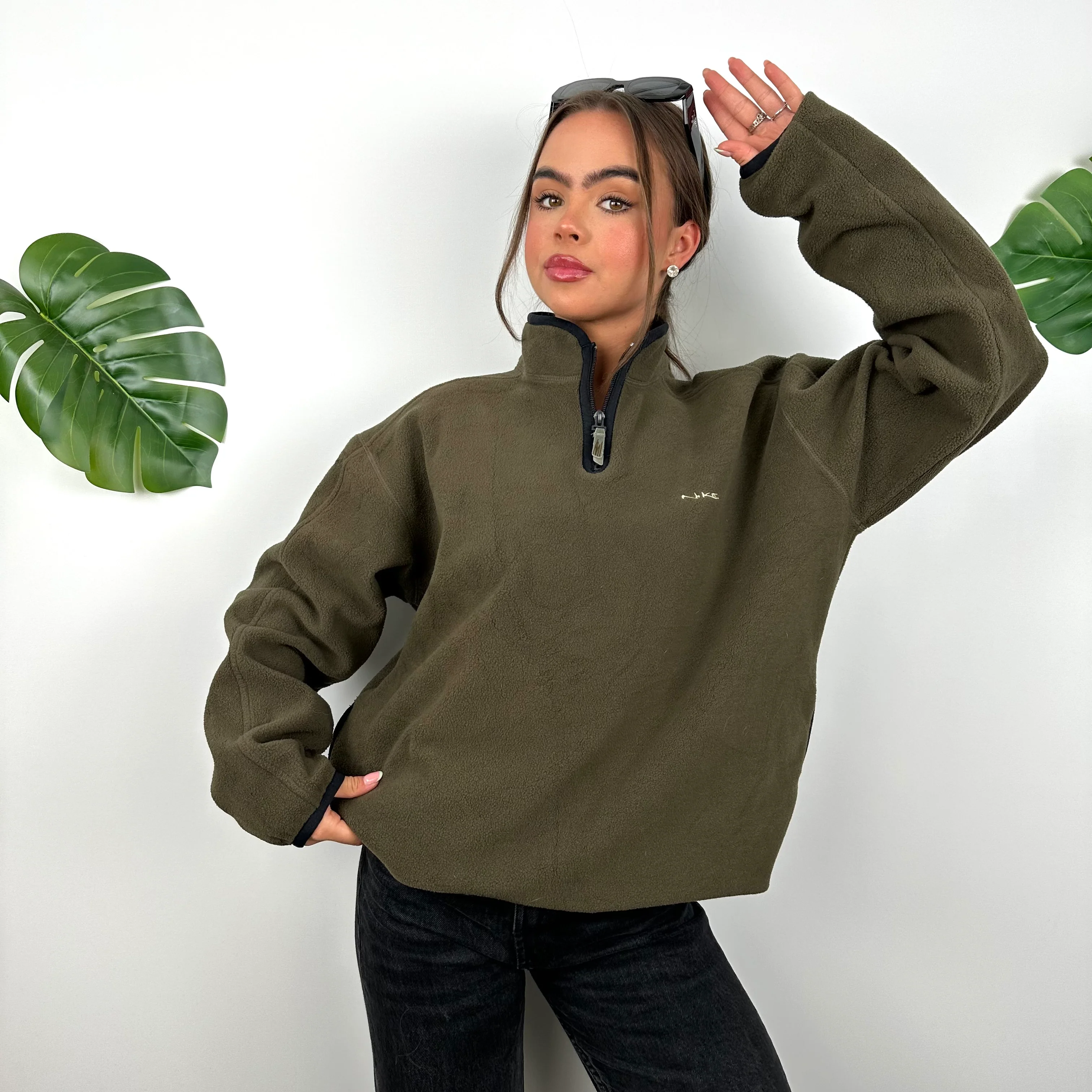 Nike Green Embroidered Spell Out Teddy Bear Fleece Quarter Zip Sweatshirt (M)