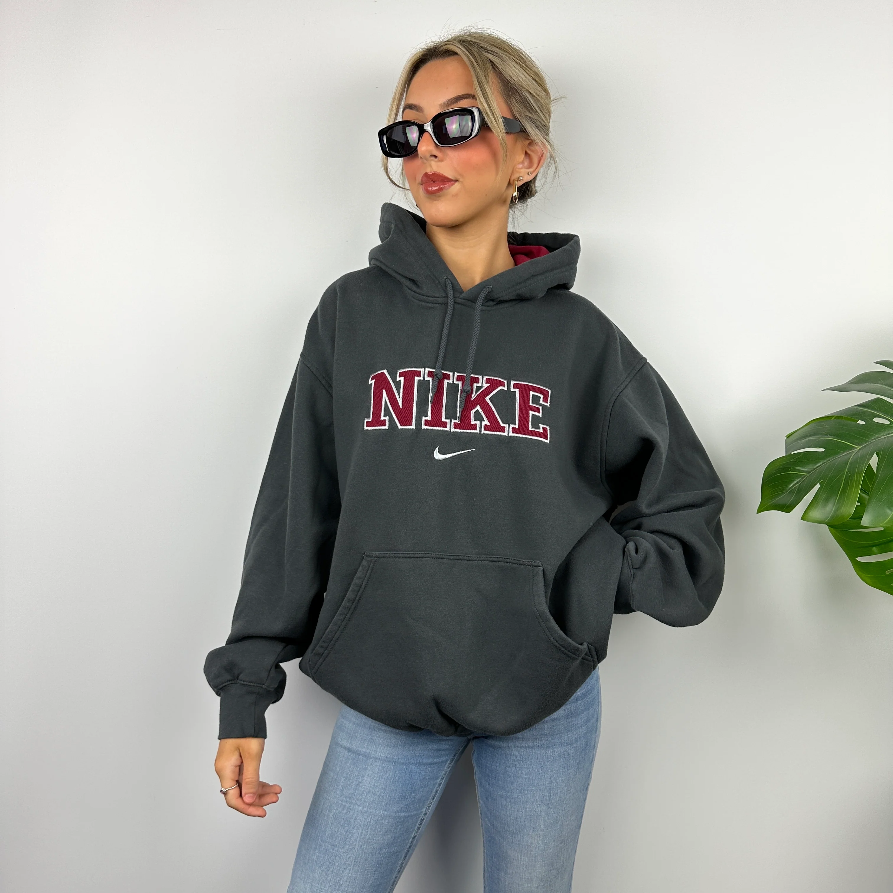 Nike Grey Embroidered Spell Out Hoodie (M) - Image 2