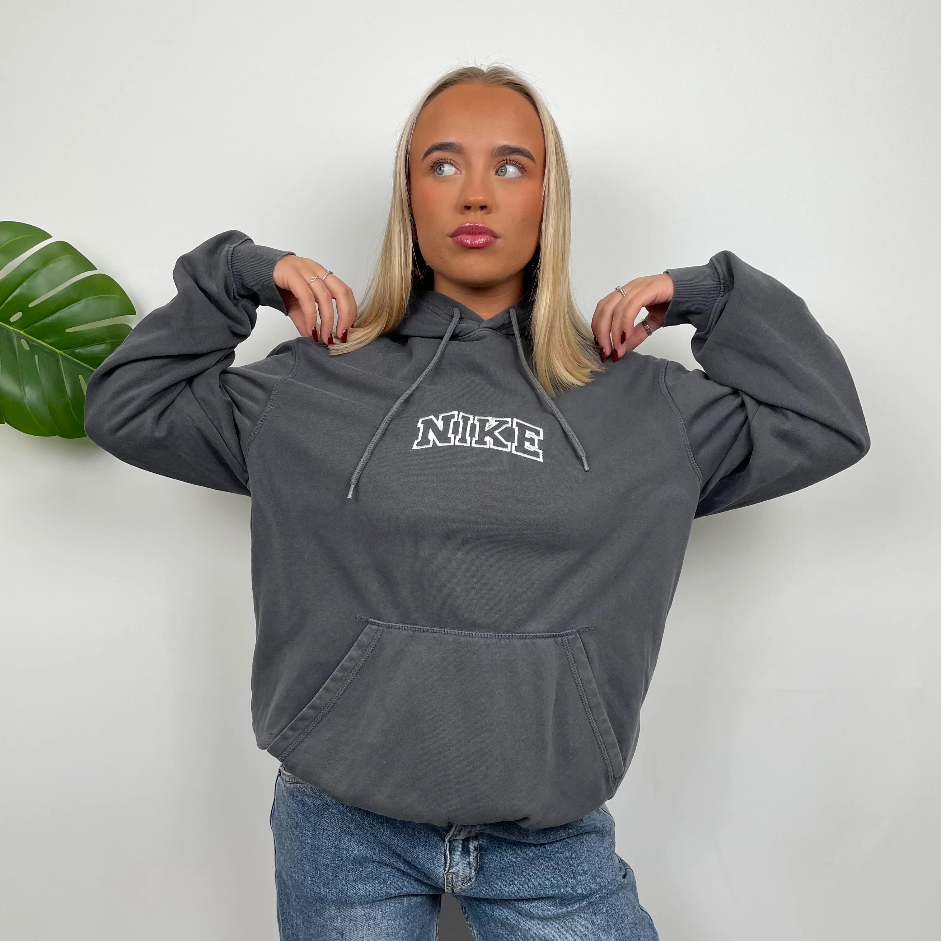 Nike Grey Embroidered Spell Out Hoodie (L) - Image 2