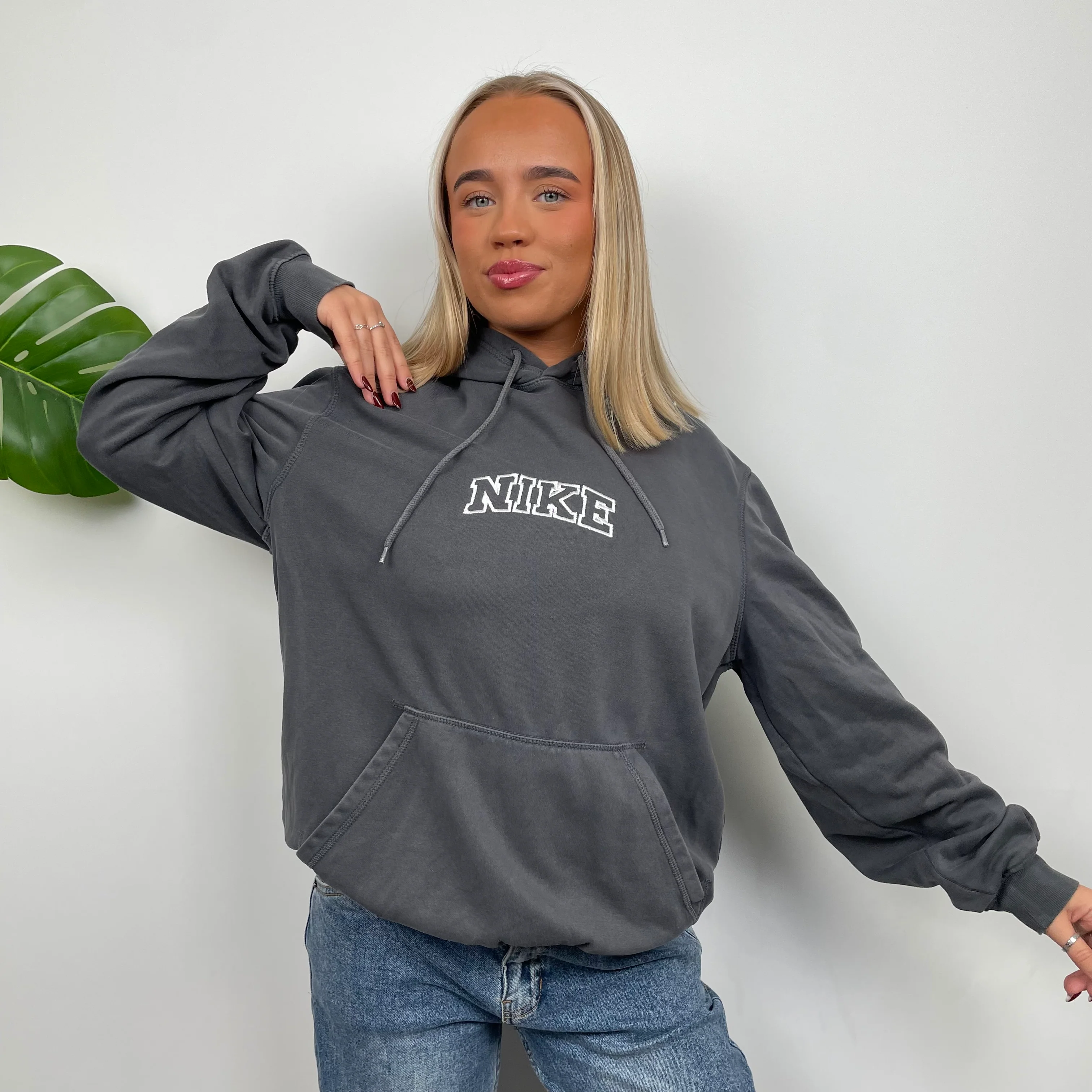 Nike Grey Embroidered Spell Out Hoodie (L) - Image 5