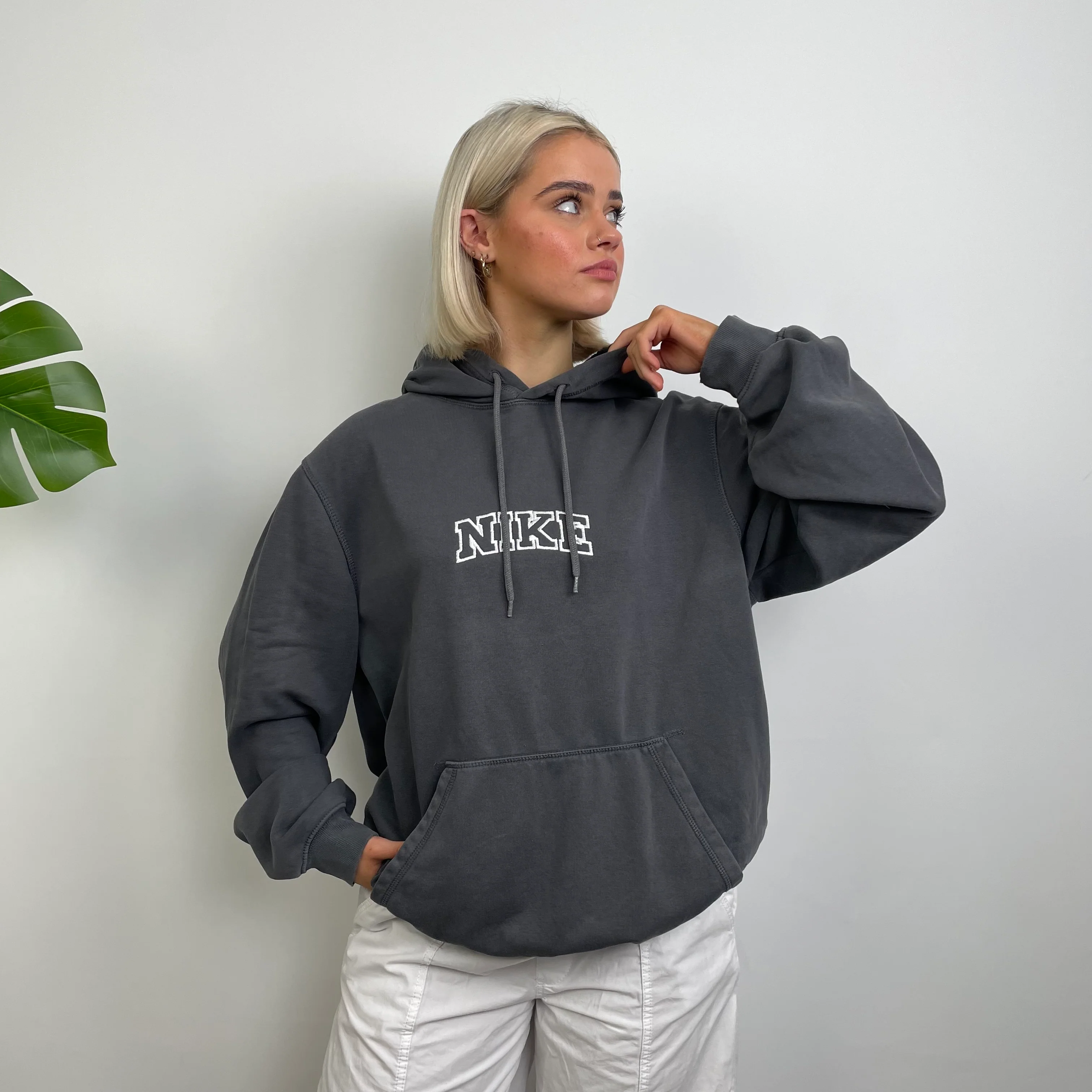 Nike Grey Embroidered Spell Out Hoodie (L) - Image 3