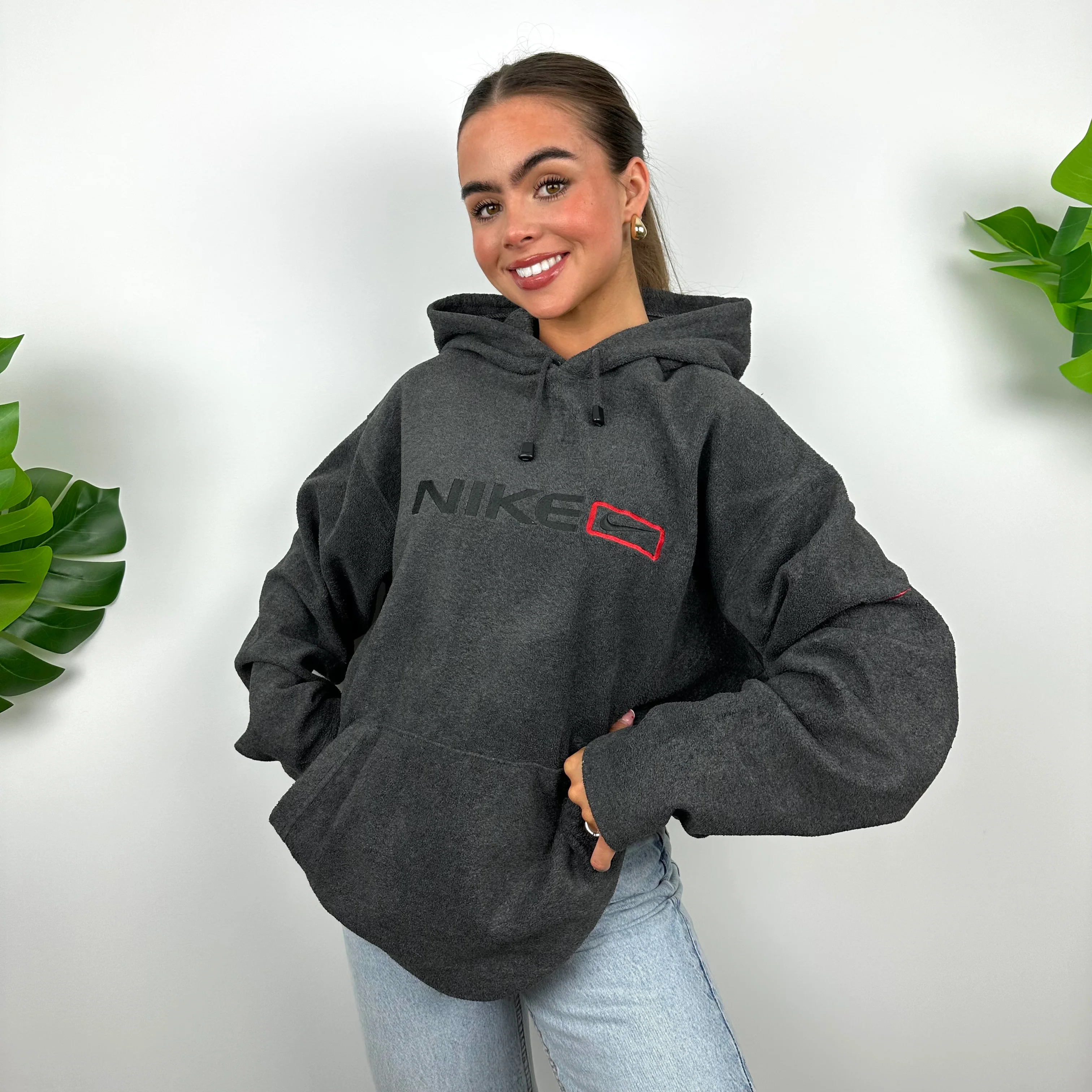 Nike Grey Embroidered Spell Out Teddy Bear Fleece Hoodie (M) - Image 3