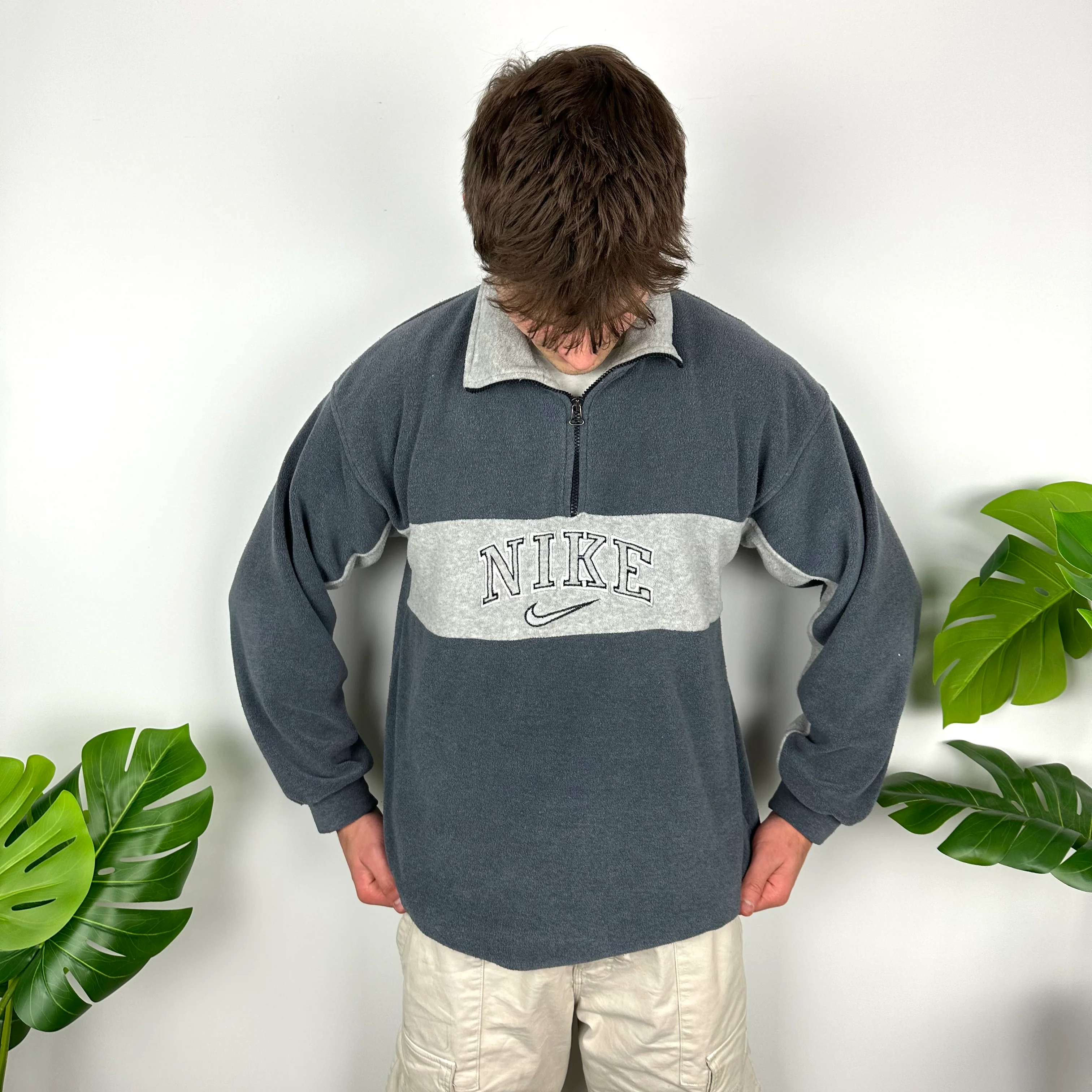 Nike Grey Embroidered Spell Out Teddy Bear Fleece Quarter Zip Sweatshirt (L)