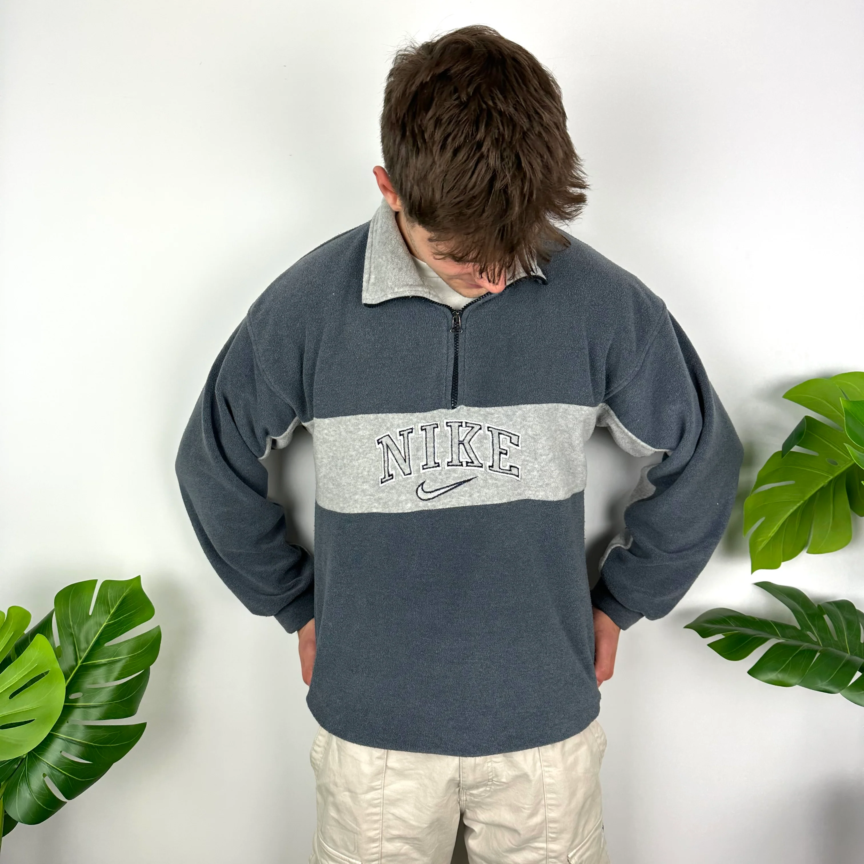 Nike Grey Embroidered Spell Out Teddy Bear Fleece Quarter Zip Sweatshirt (L) - Image 6