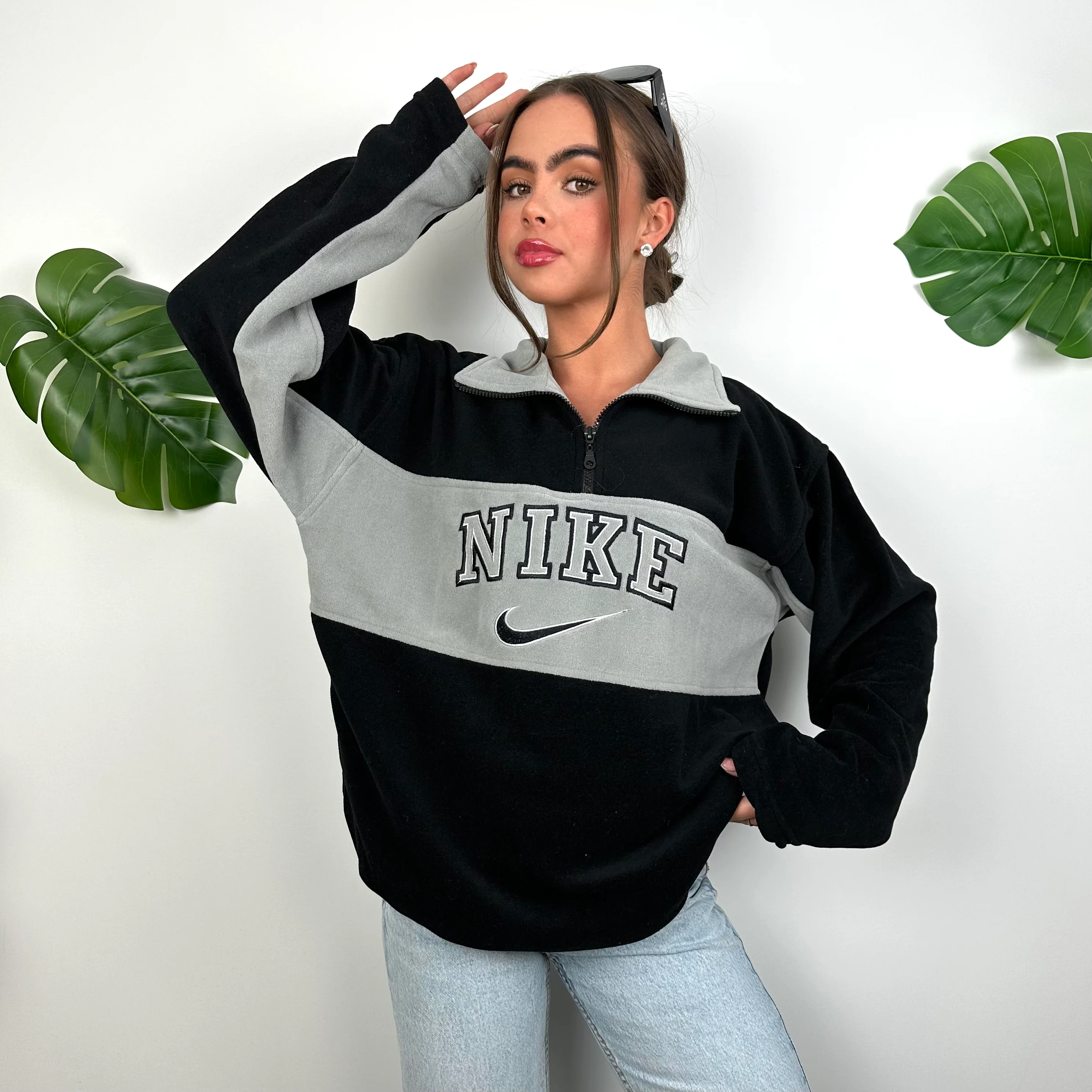 Nike Grey Embroidered Spell Out Teddy Bear Fleece Quarter Zip Sweatshirt (L) - Image 2