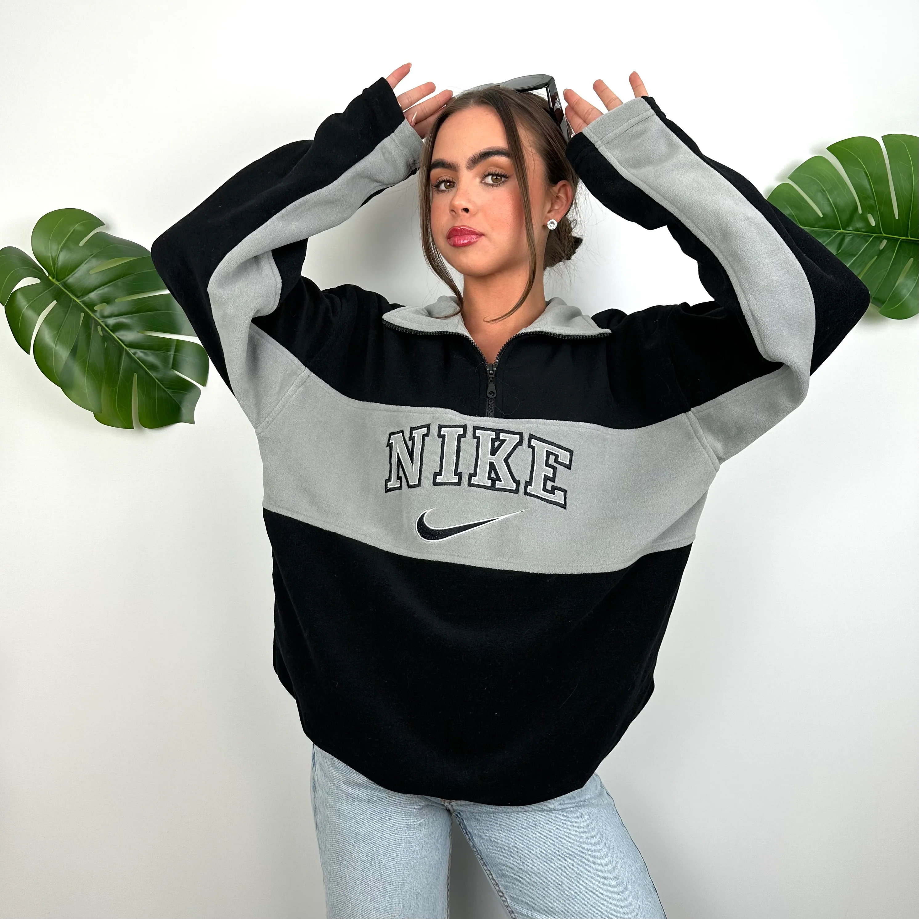 Nike Grey Embroidered Spell Out Teddy Bear Fleece Quarter Zip Sweatshirt (L) - Image 3