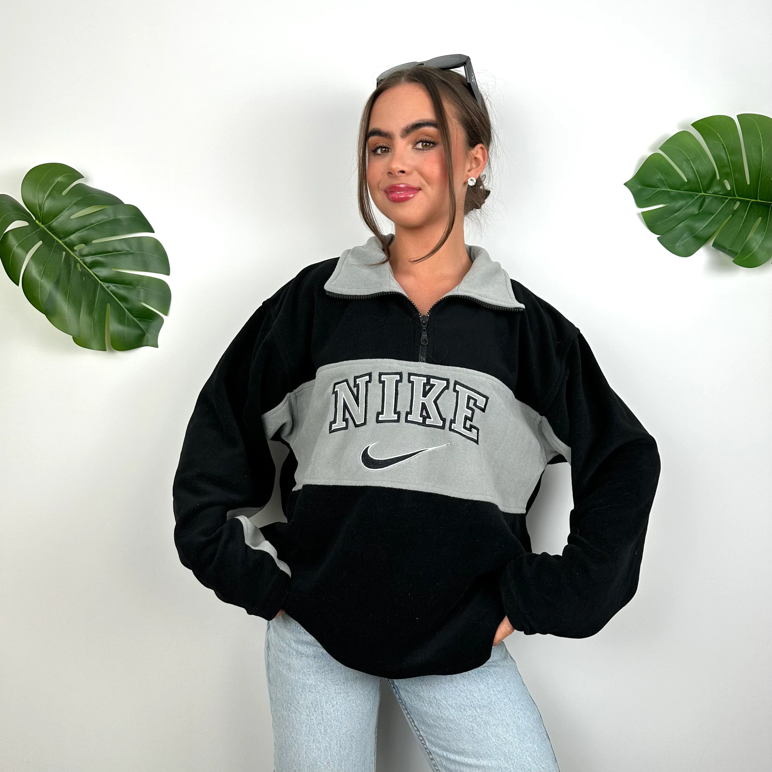 Nike Grey Embroidered Spell Out Teddy Bear Fleece Quarter Zip Sweatshirt (L) - Image 4