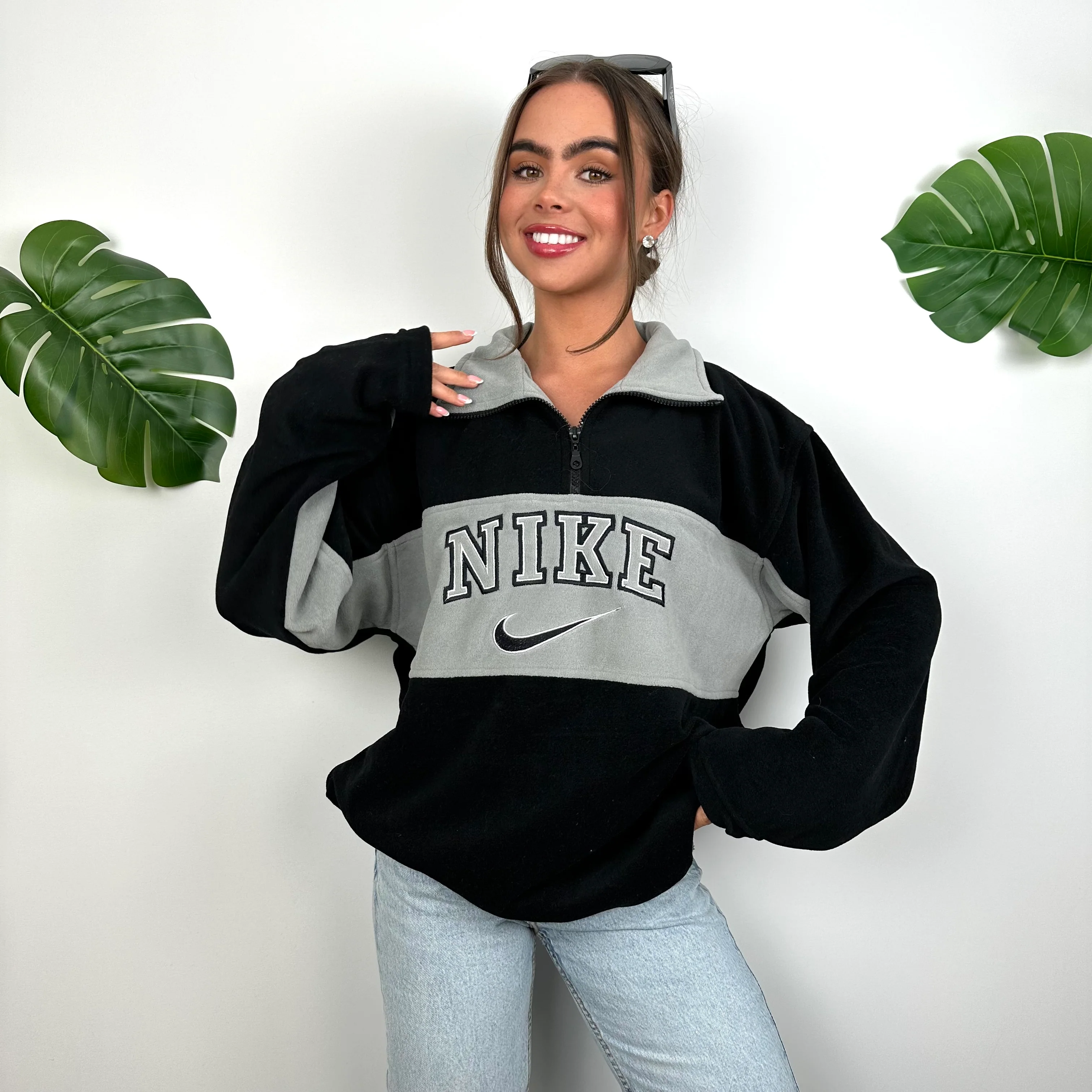 Nike Grey Embroidered Spell Out Teddy Bear Fleece Quarter Zip Sweatshirt (L) - Image 5