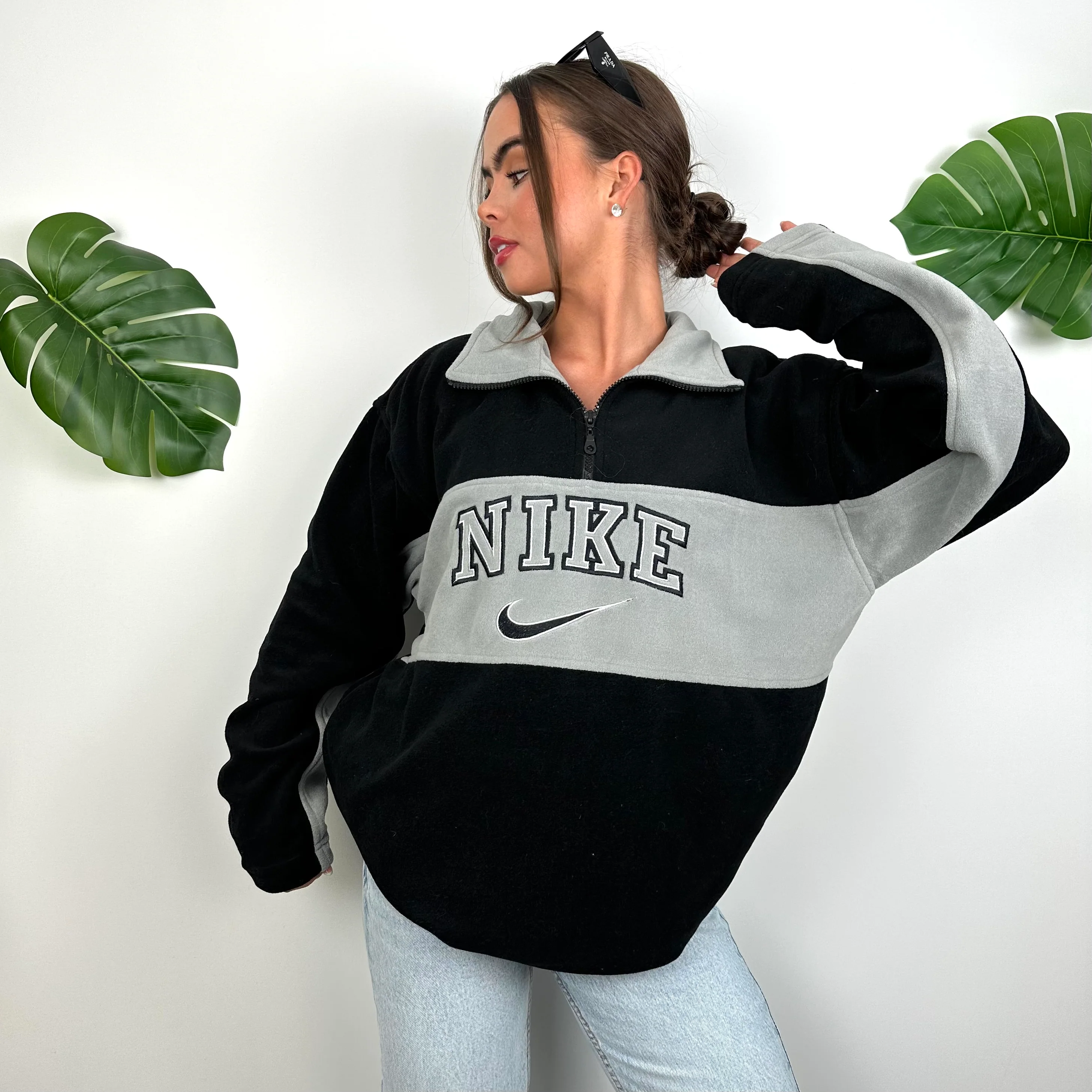 Nike Grey Embroidered Spell Out Teddy Bear Fleece Quarter Zip Sweatshirt (L) - Image 6