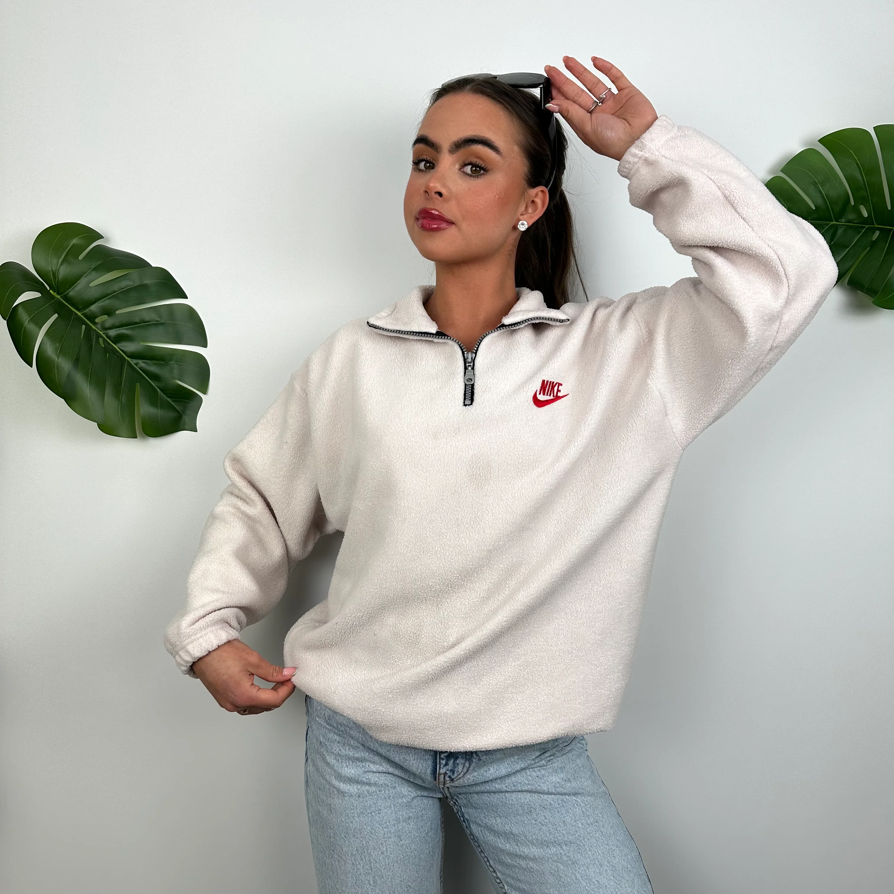 Nike Grey Embroidered Spell Out Teddy Bear Fleece Quarter Zip Sweatshirt (M) - Image 2