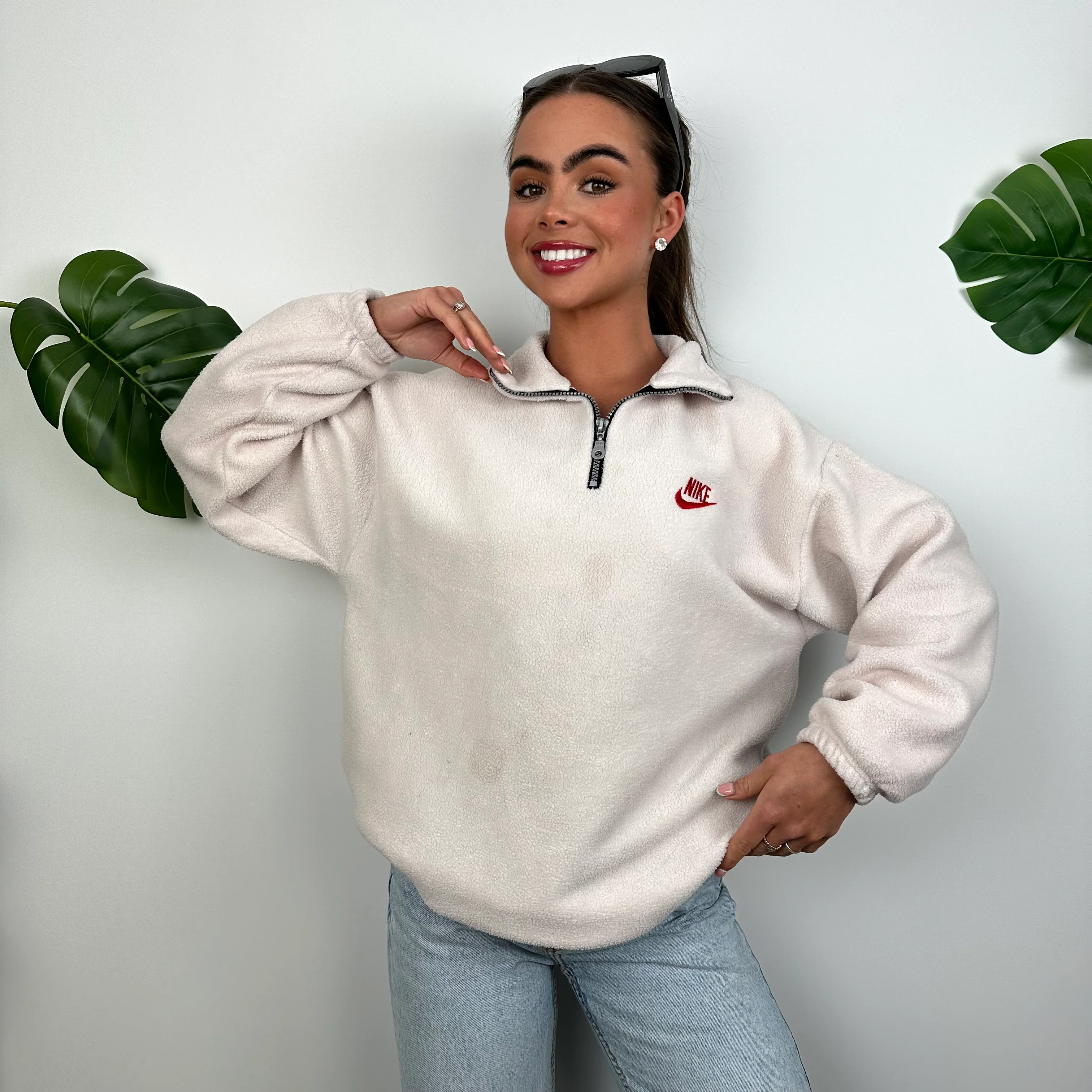 Nike Grey Embroidered Spell Out Teddy Bear Fleece Quarter Zip Sweatshirt (M) - Image 3