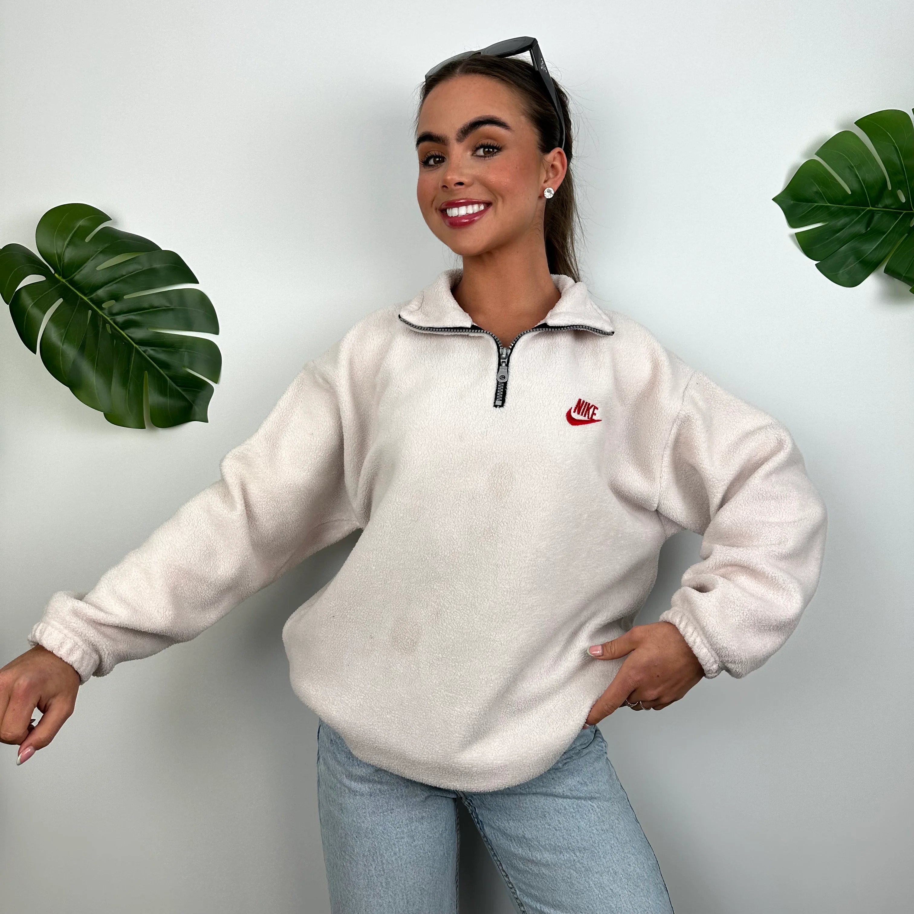 Nike Grey Embroidered Spell Out Teddy Bear Fleece Quarter Zip Sweatshirt (M) - Image 4